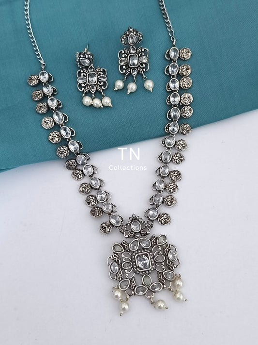 Oxidised Necklace Set- White stone