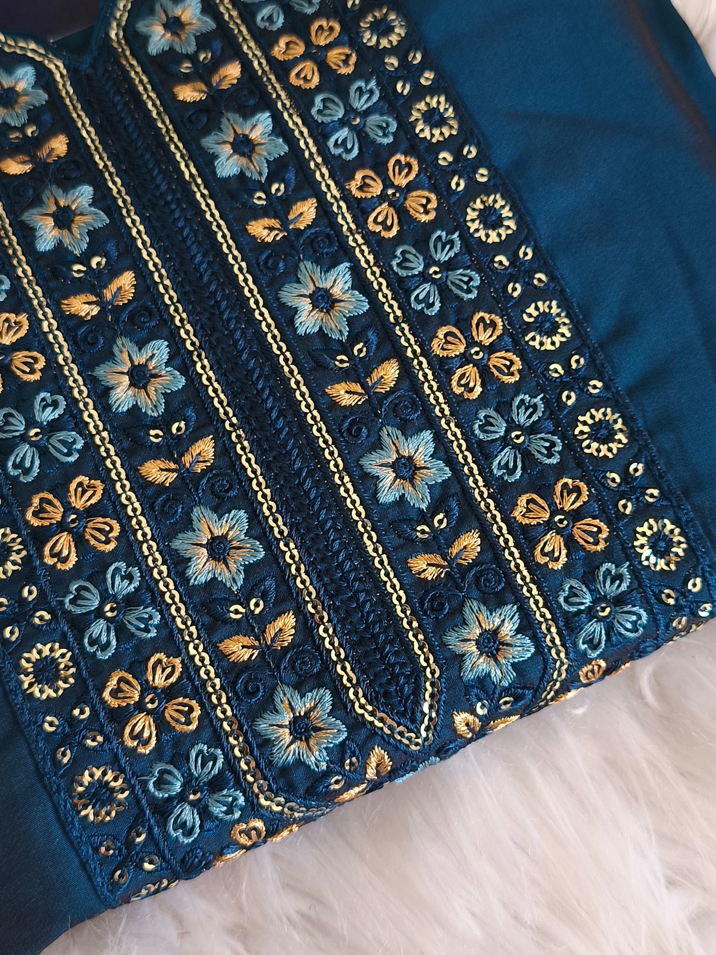 Stylish 3 Piece Embroidered Side Open Shalwar Suit with Floral Dupatta- (Size XL)