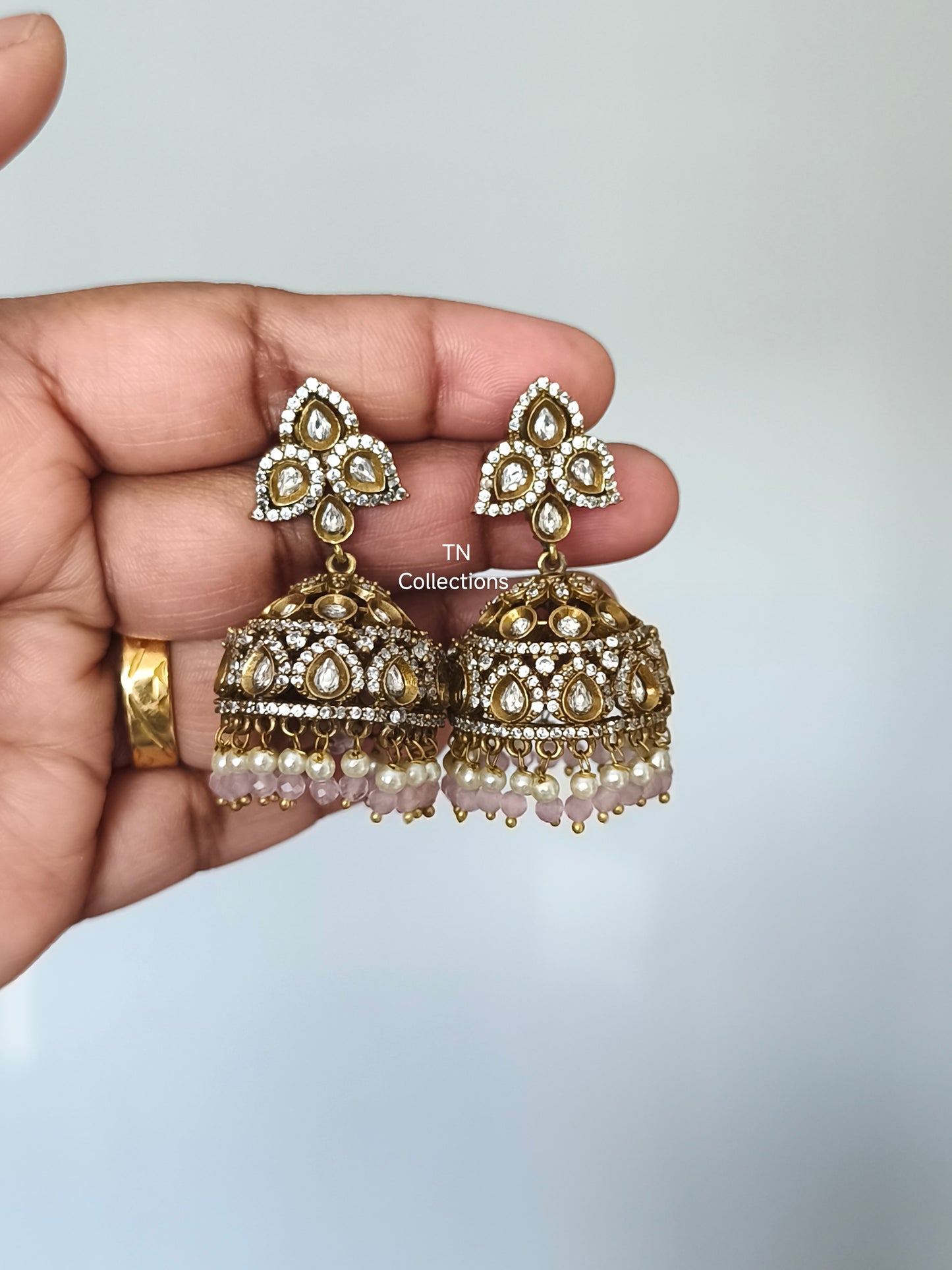Victorian Ad Jimikki/ Jhumka/ earrings with Baby Pink Pearls
