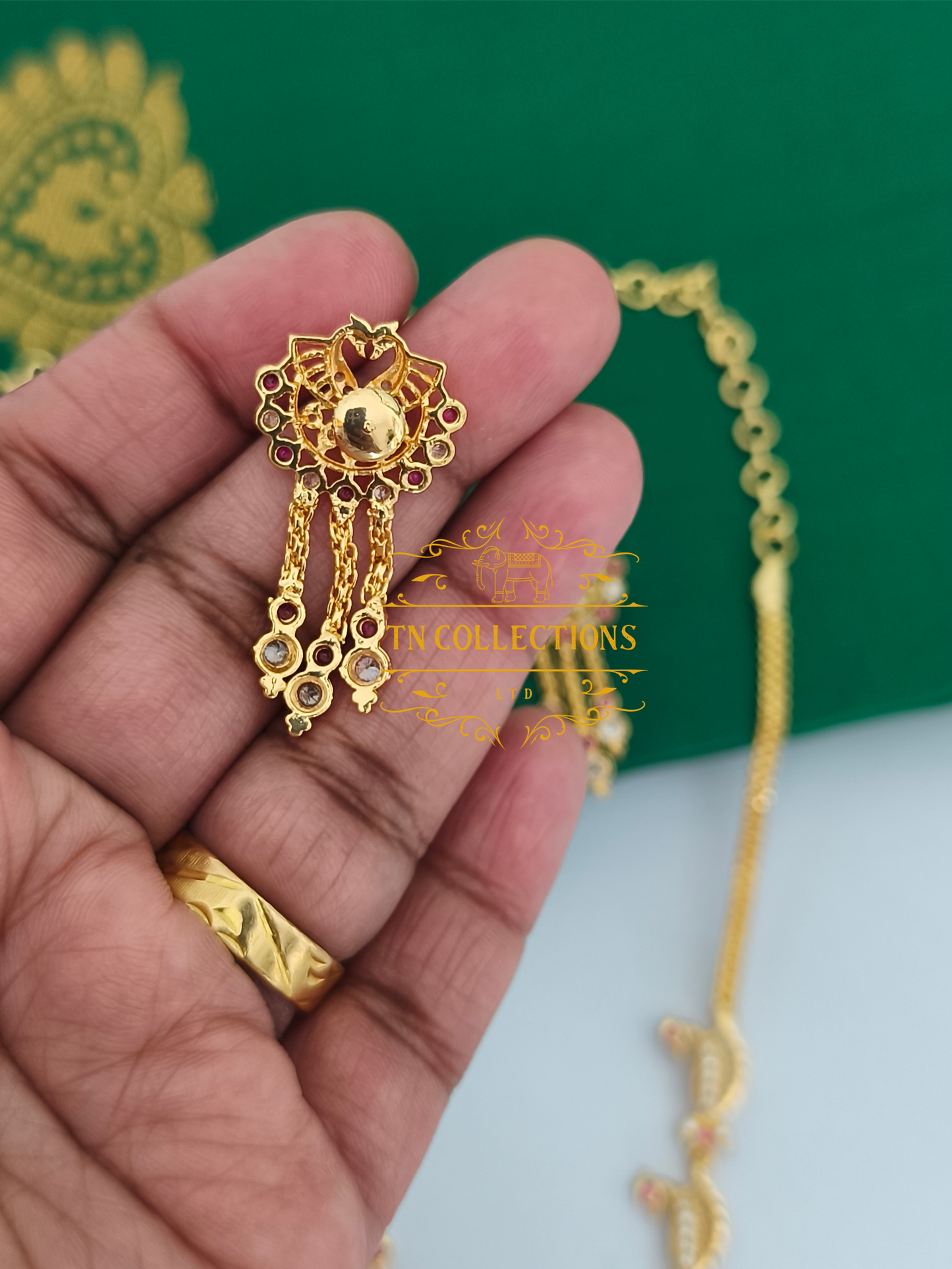 Micro Gold-Plated Traditional Peacock Design Necklace Set (Ruby & White stones)