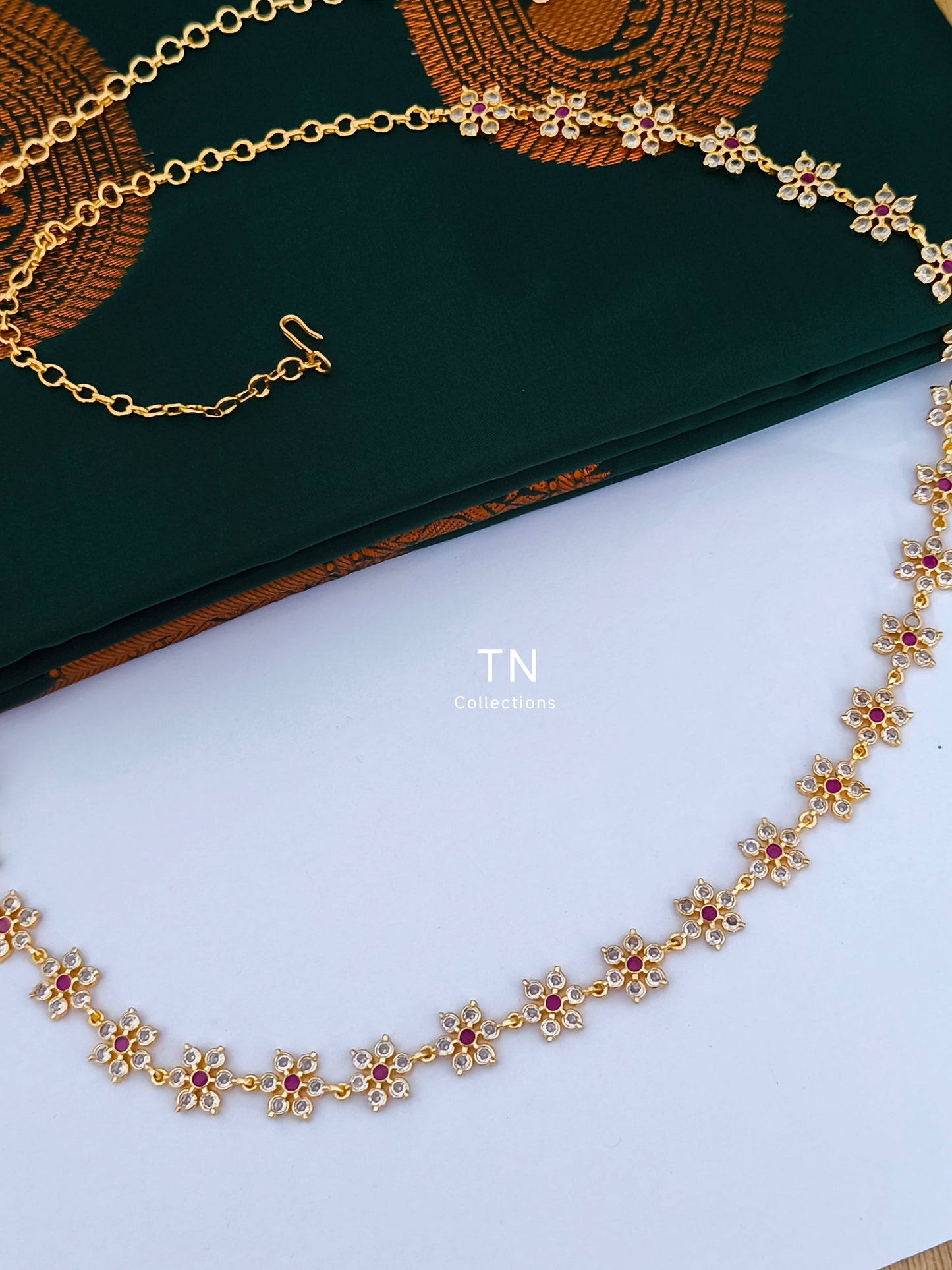 Micro gold plated Flower Design Hip Chain (Ruby & White)