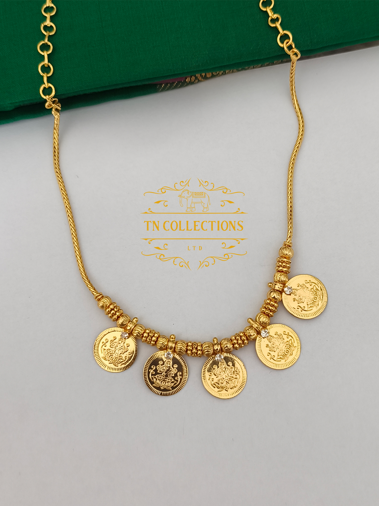 Micro Gold Finish Coin Necklace (white stones)