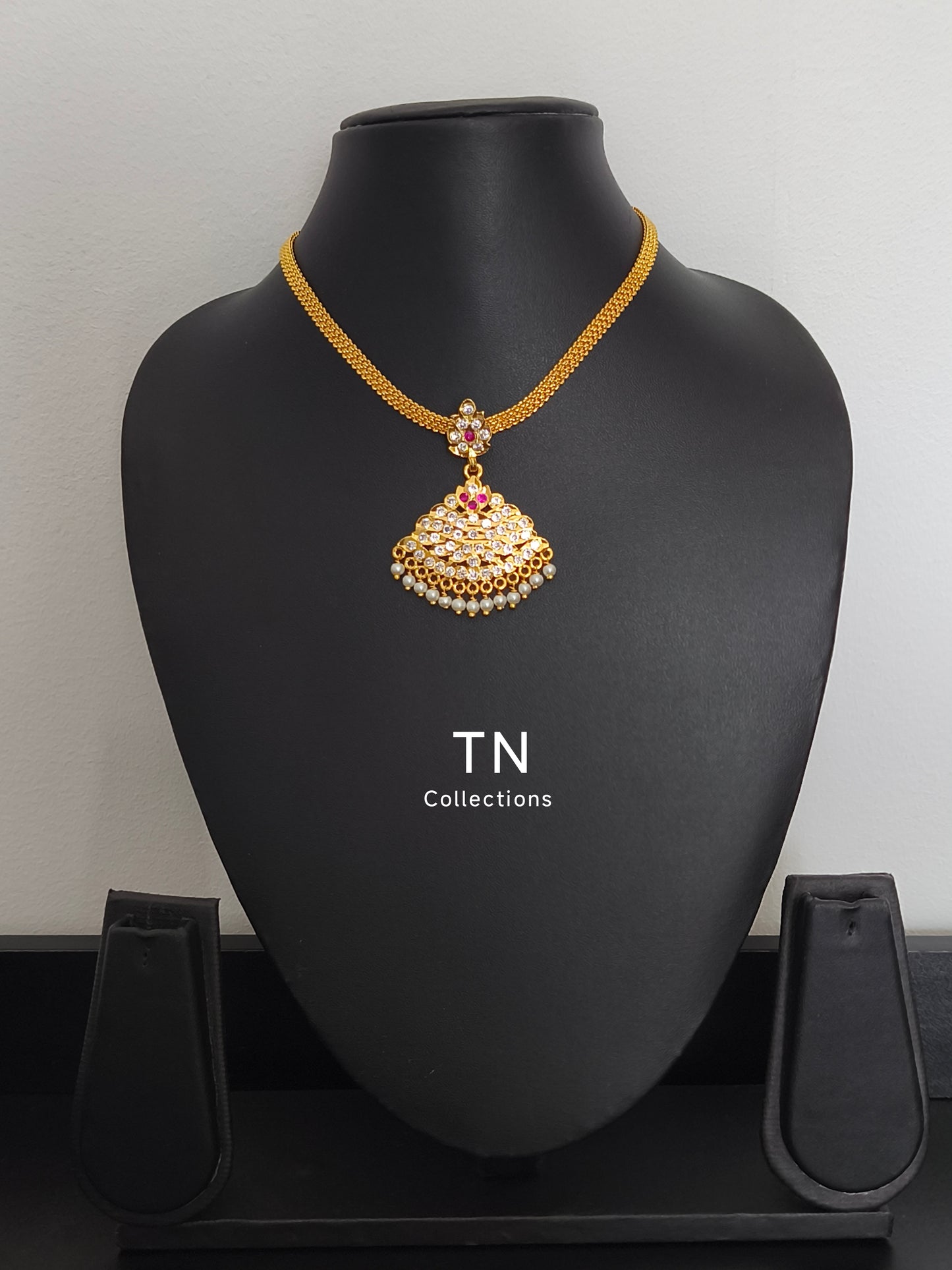 Traditional Impon Attiyal White and Ruby stones pearls hanging