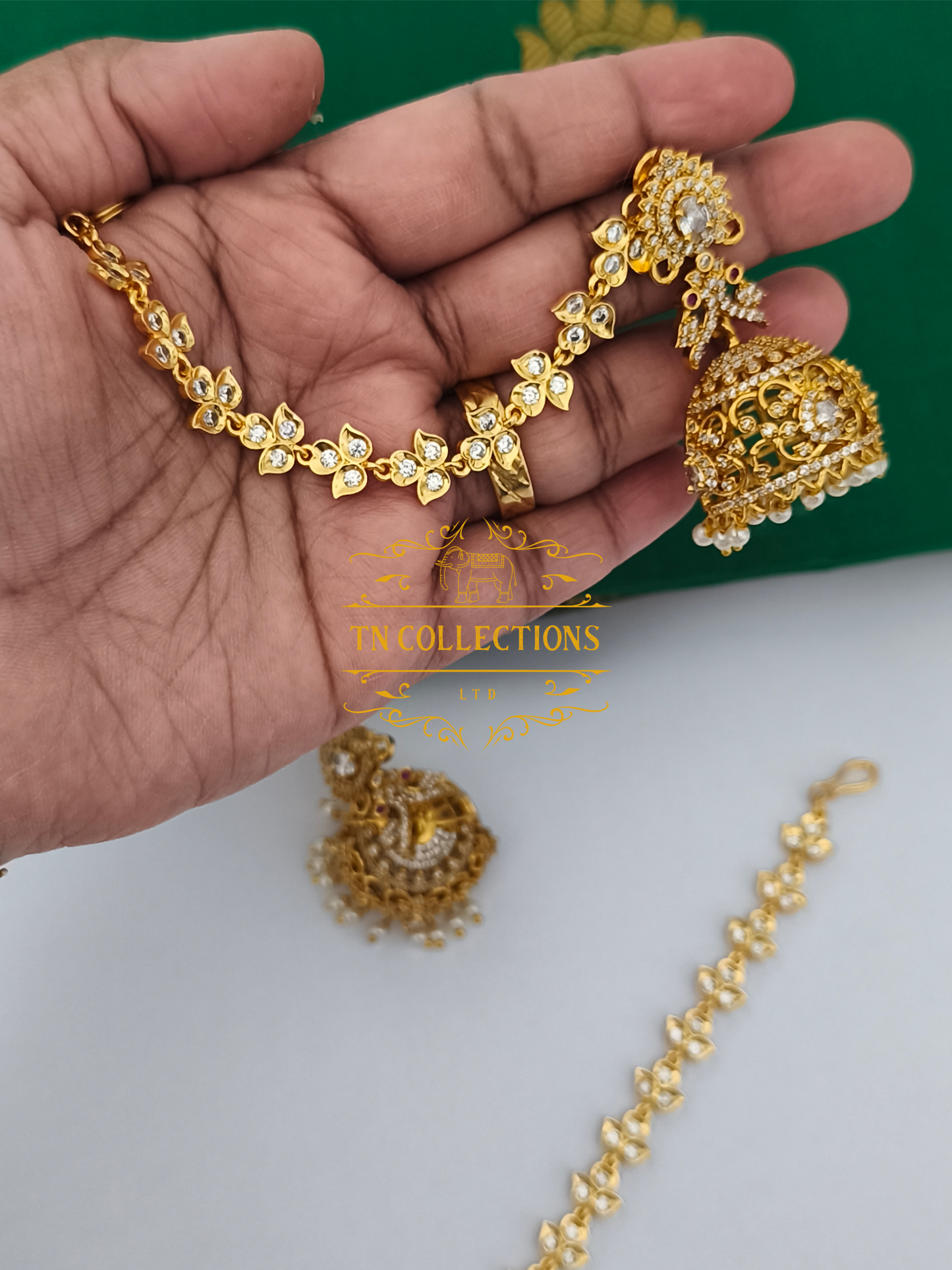 Micro Gold Finish Jumka with Maatal (Full White stones)