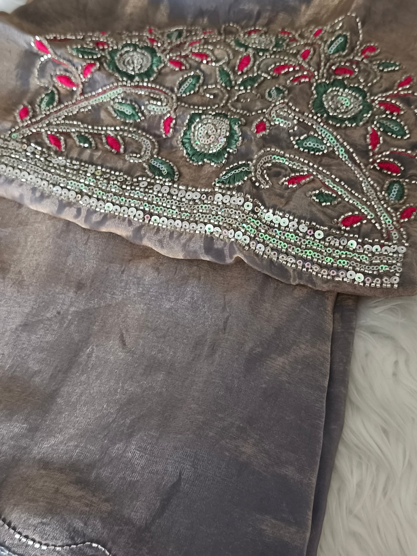 Grey Light Green Soft and Silky Space Silk party saree with Designer blouse