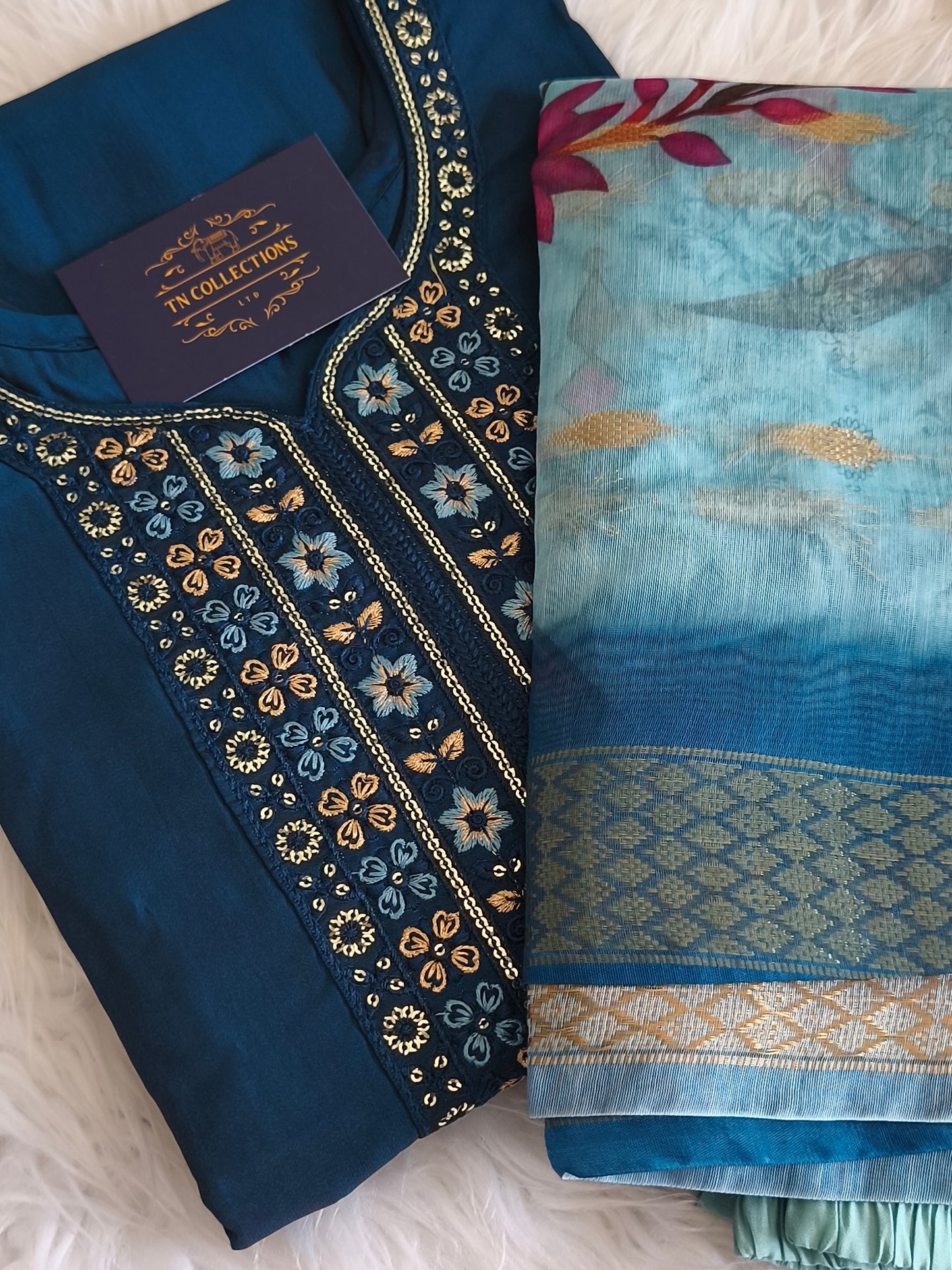 Stylish 3 Piece Embroidered Side Open Shalwar Suit with Floral Dupatta- (Size XL)