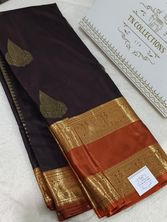 Premium Kanchi Semi Silk Saree (Coffee Brown with Rust Orange)