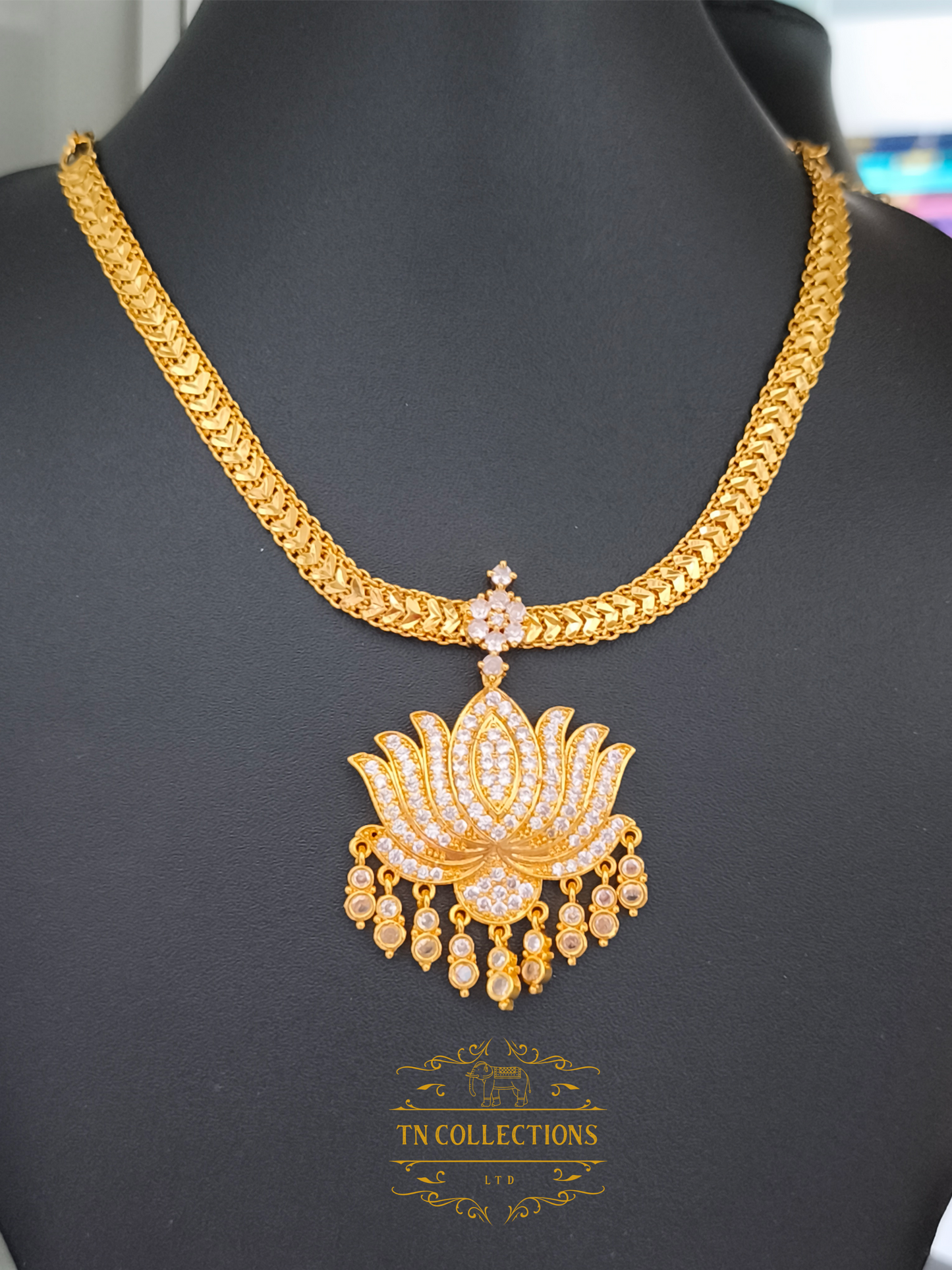 Micro Gold plated Lotus Necklace (Full White stones)