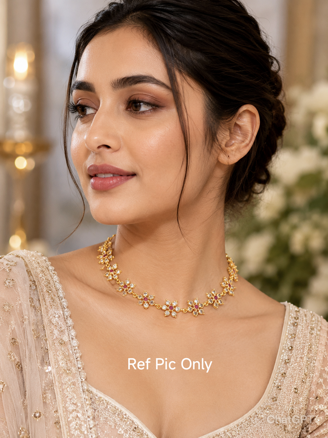 Micro Gold-Plated Floral Choker Necklace (Ruby & White stones)