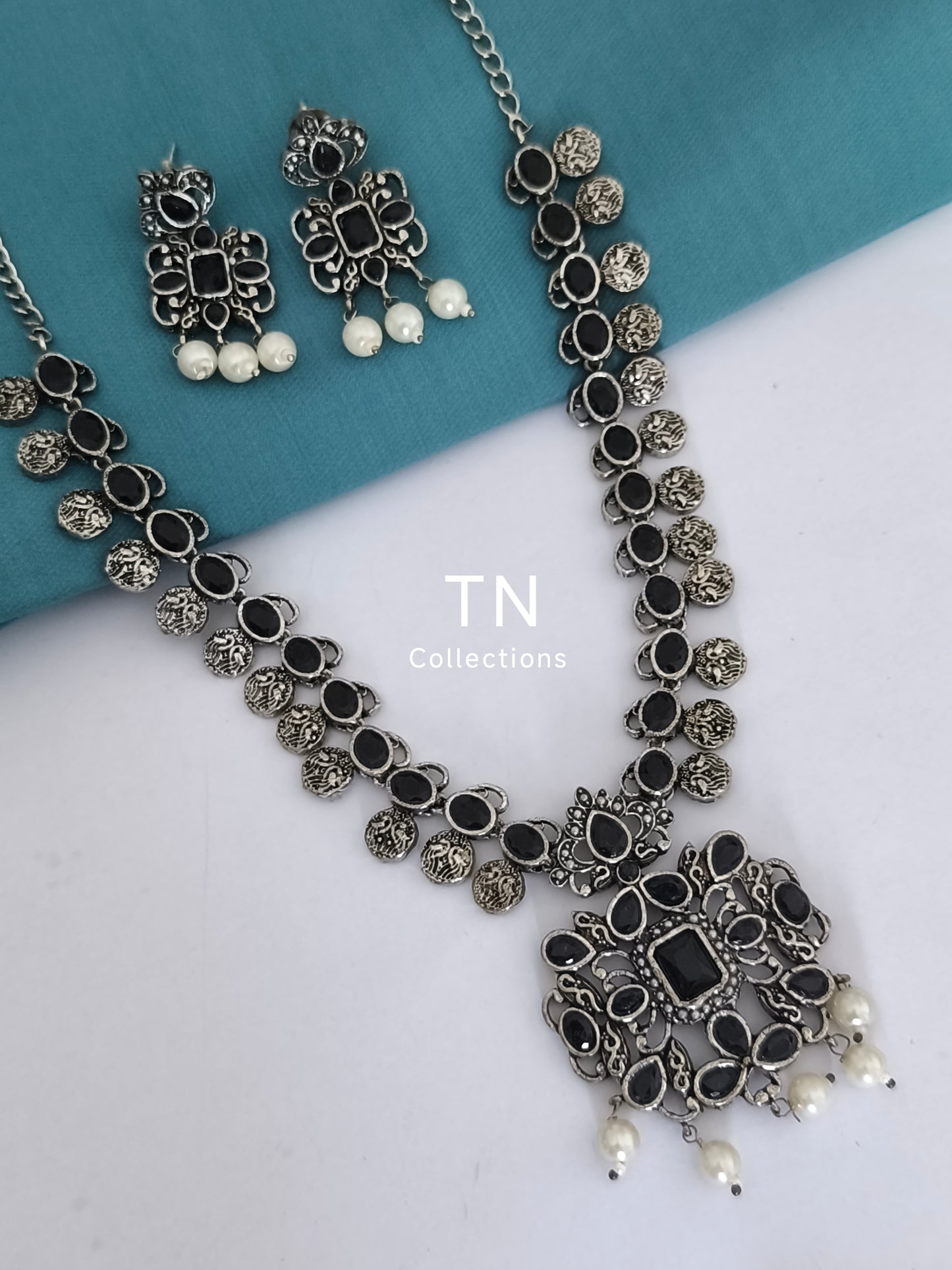 Oxidised Necklace Set- Black Stone