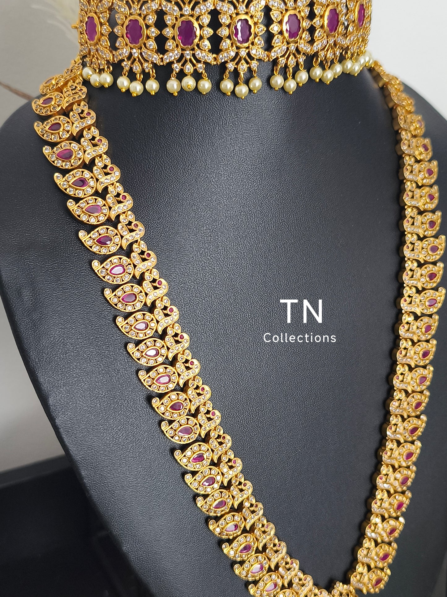 Matte gold Ruby & white Stone Semi Bridal Set/ wedding jewellery Set