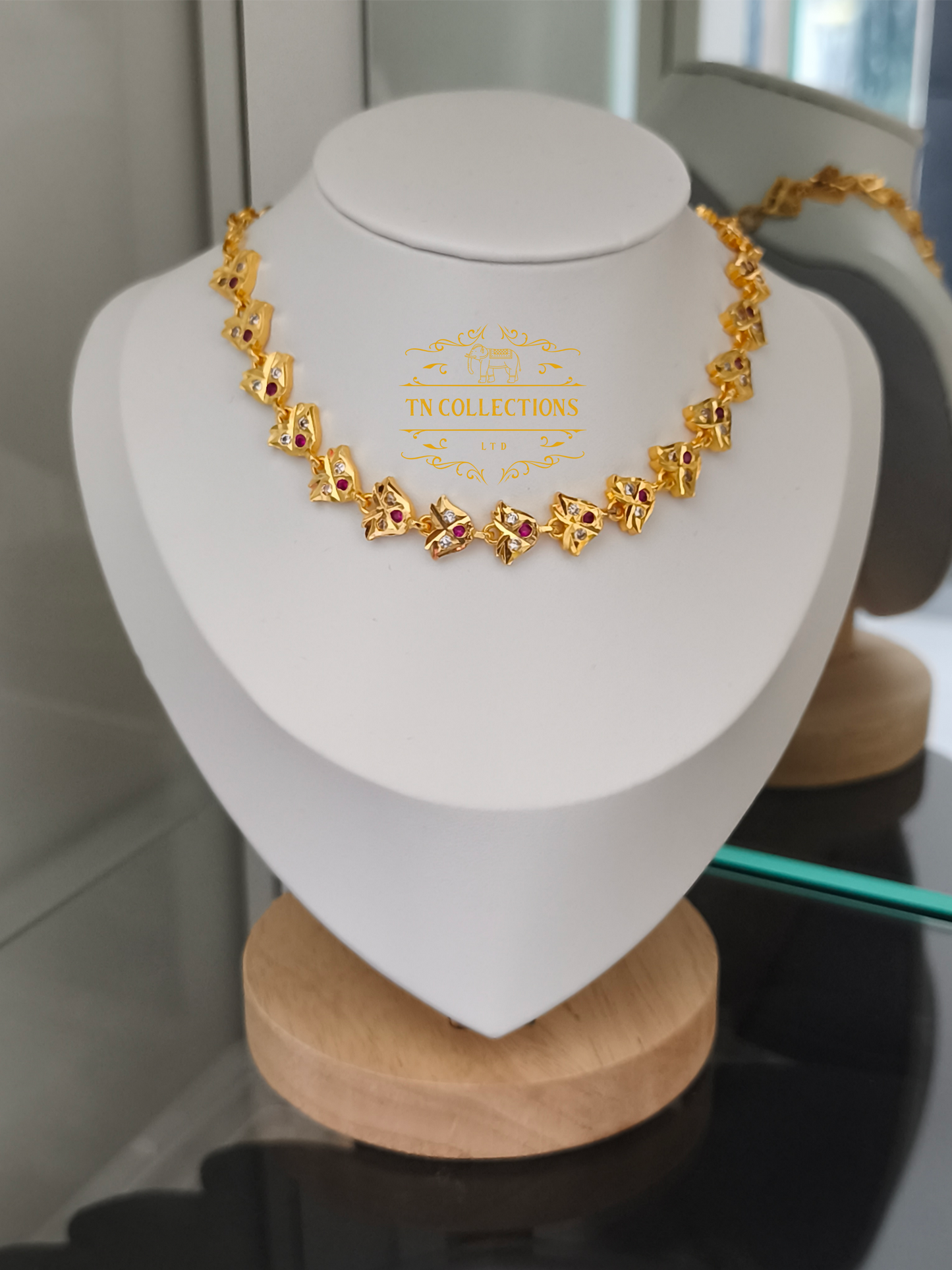 Micro Gold-Plated Impon Choker Necklace (Ruby & White stones)