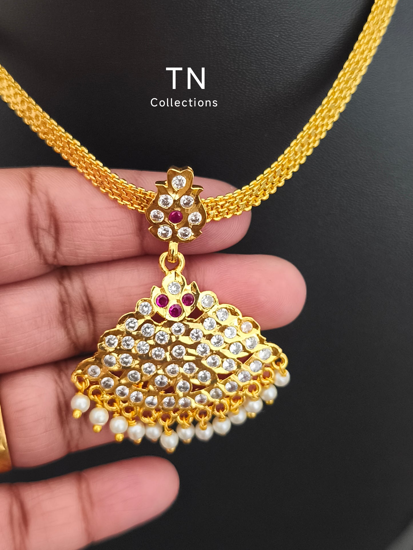 Traditional Micro gold plated Attiyal with earrings (Ruby & White stones)