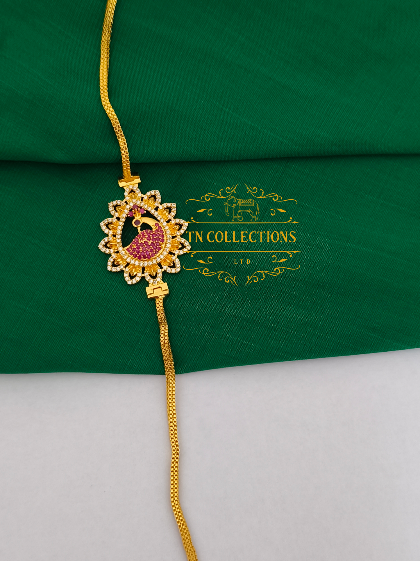 Micro Gold-Plated Mugappu Chain (Ruby & white stones)