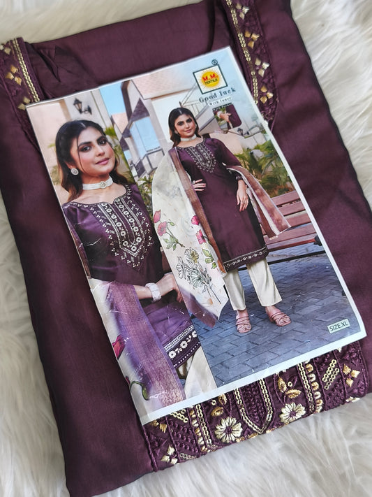 Stylish 3 Piece Embroidered Side Open Shalwar Suit with Floral Dupatta- (M/L/XL)