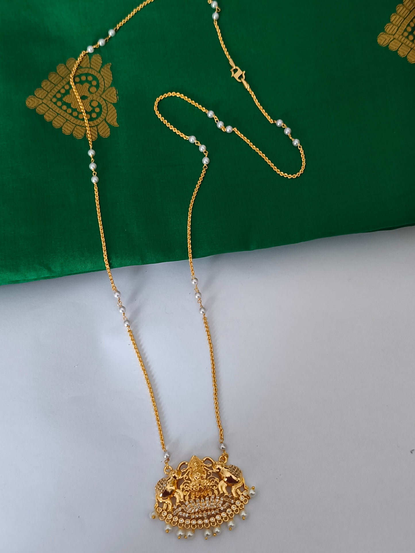 Micro Gold-Plated Lakshmi Pathakkam with single layer pearl chain (Full white stones)