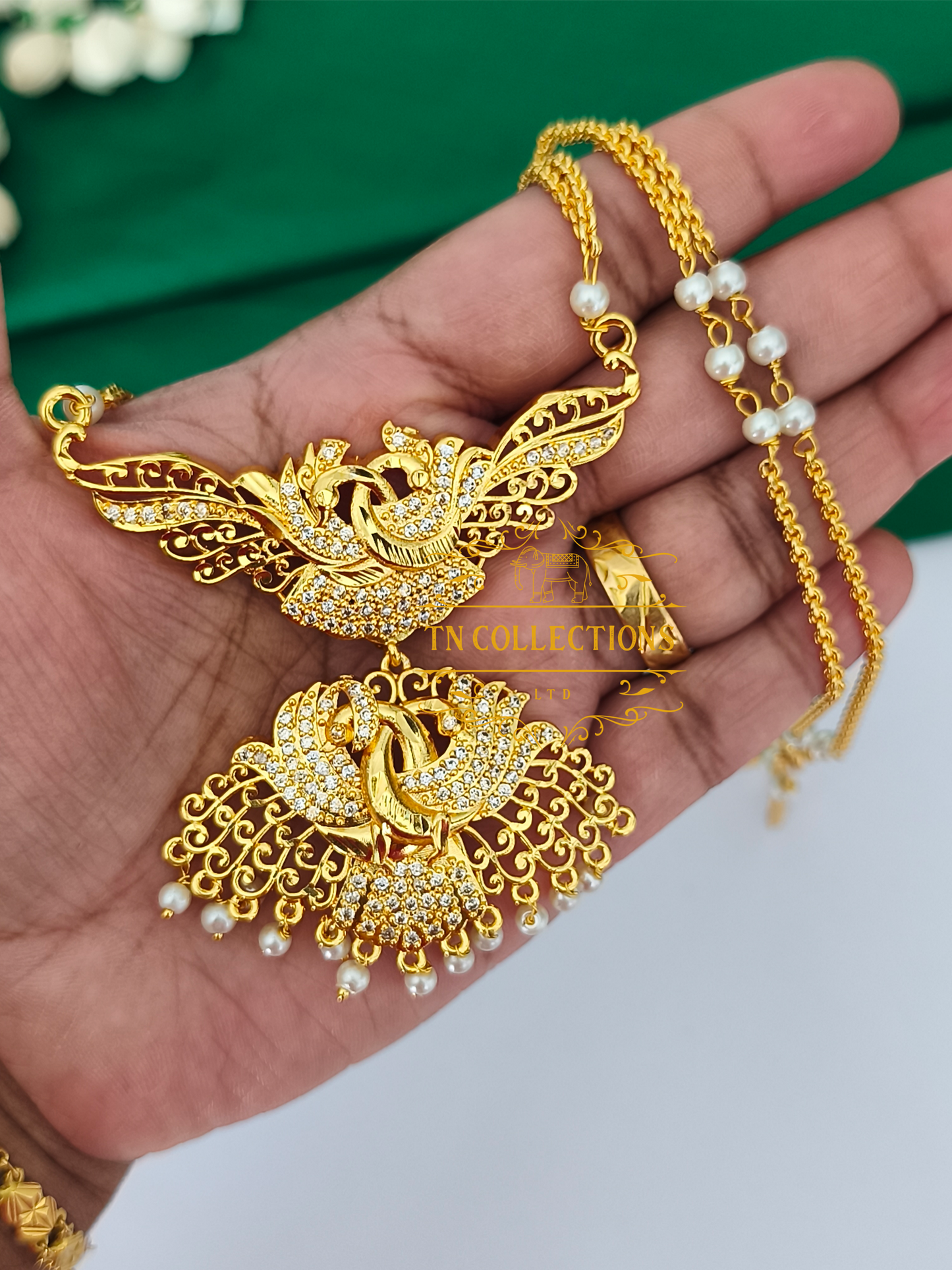 Micro Gold-Plated Traditional Pathakkam with Pearl Chain (Full white stones)