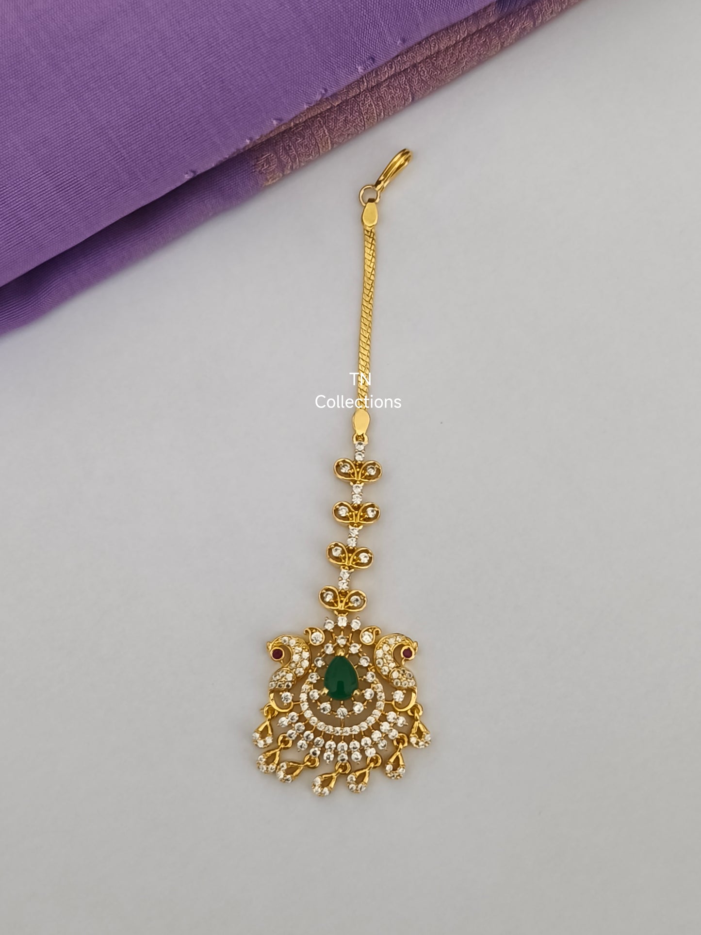 Gold Finish Tikka (White & Green stones)