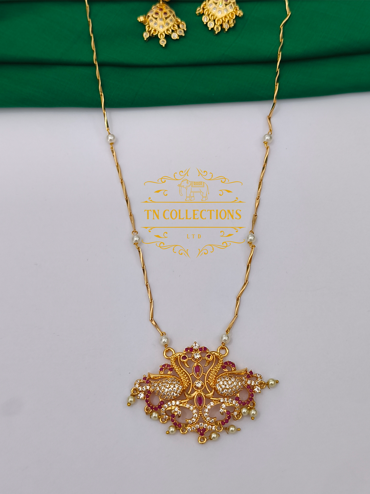 Micro Gold Finish cz stone Pearl Chain with Pendant Set