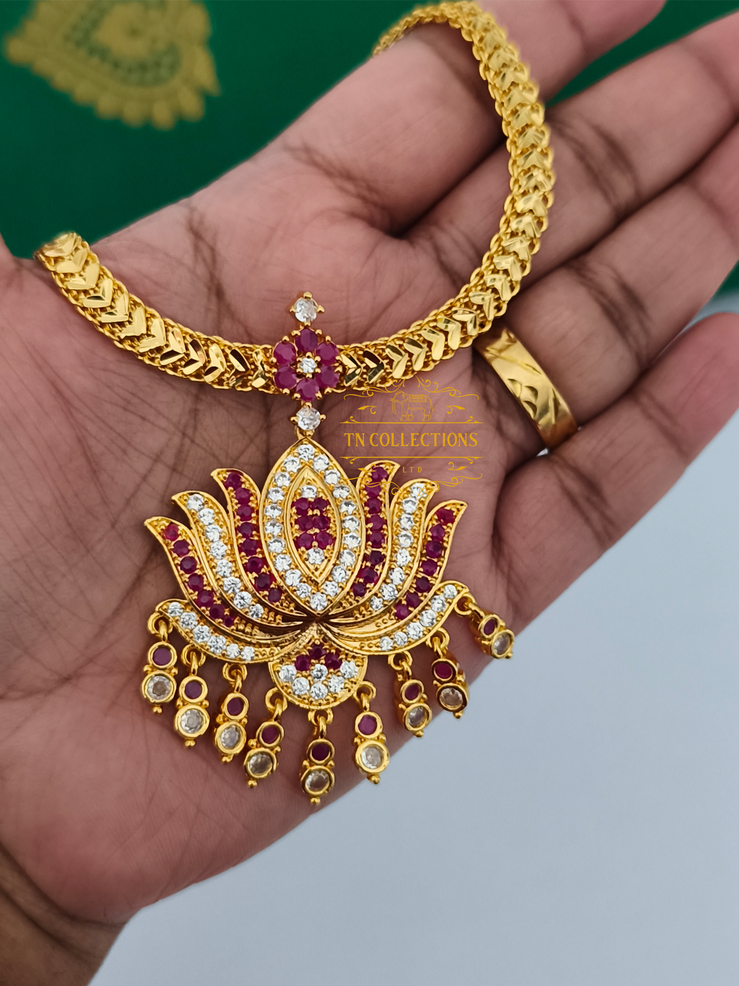 Micro Gold plated Lotus Necklace (Ruby & White stones)
