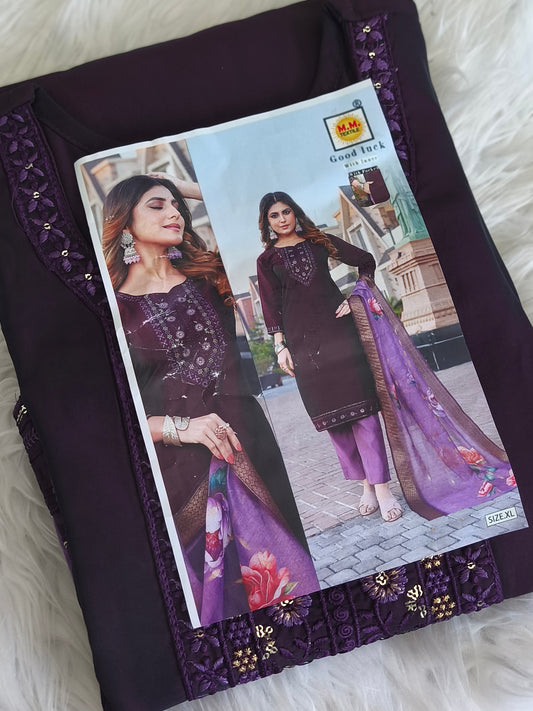 Stylish 3 Piece Embroidered Side Open Shalwar Suit with Floral Dupatta – (Size XL)