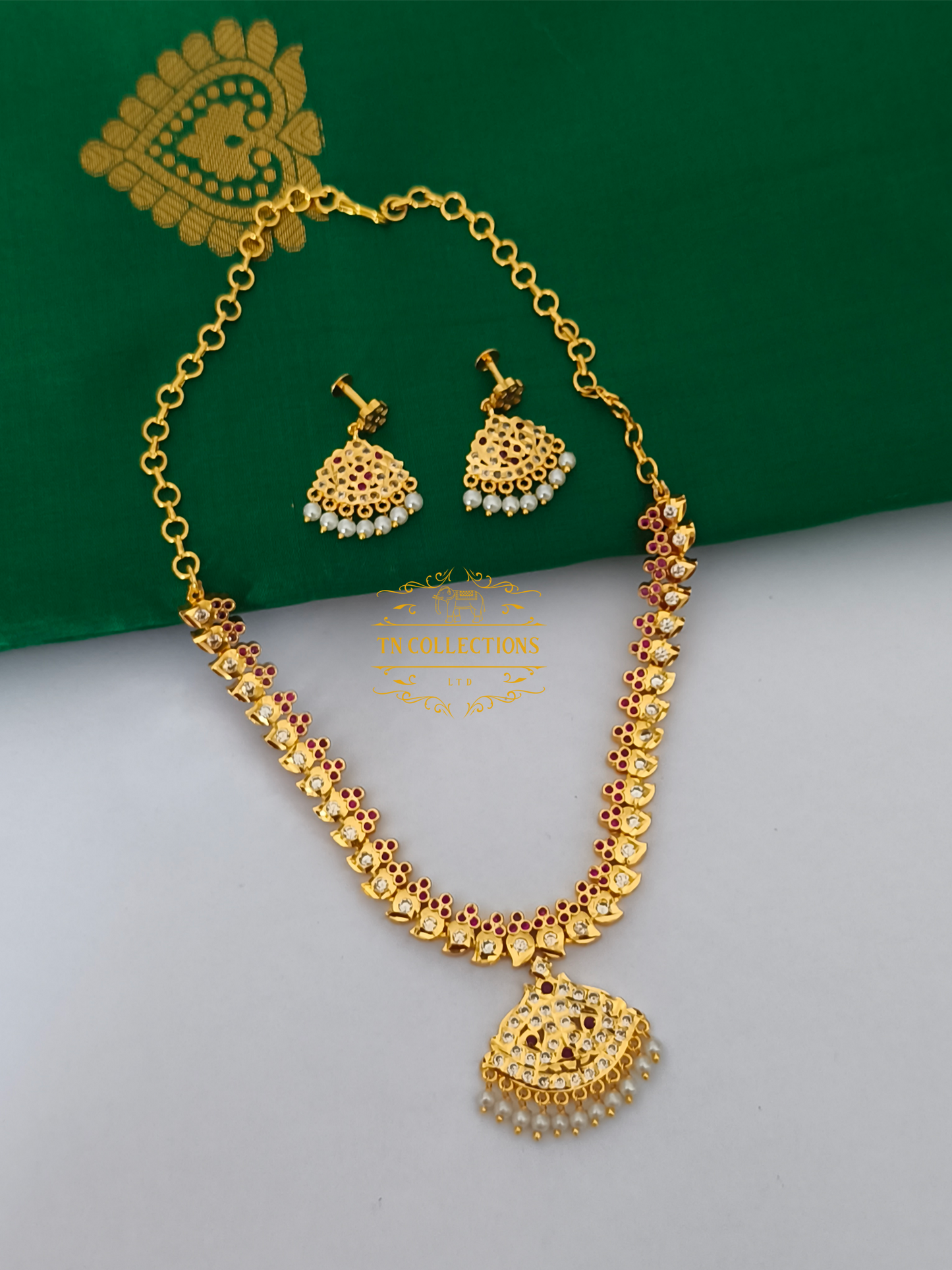 Micro Gold Plated Traditional Attiyal with earrings (Ruby & White stones)