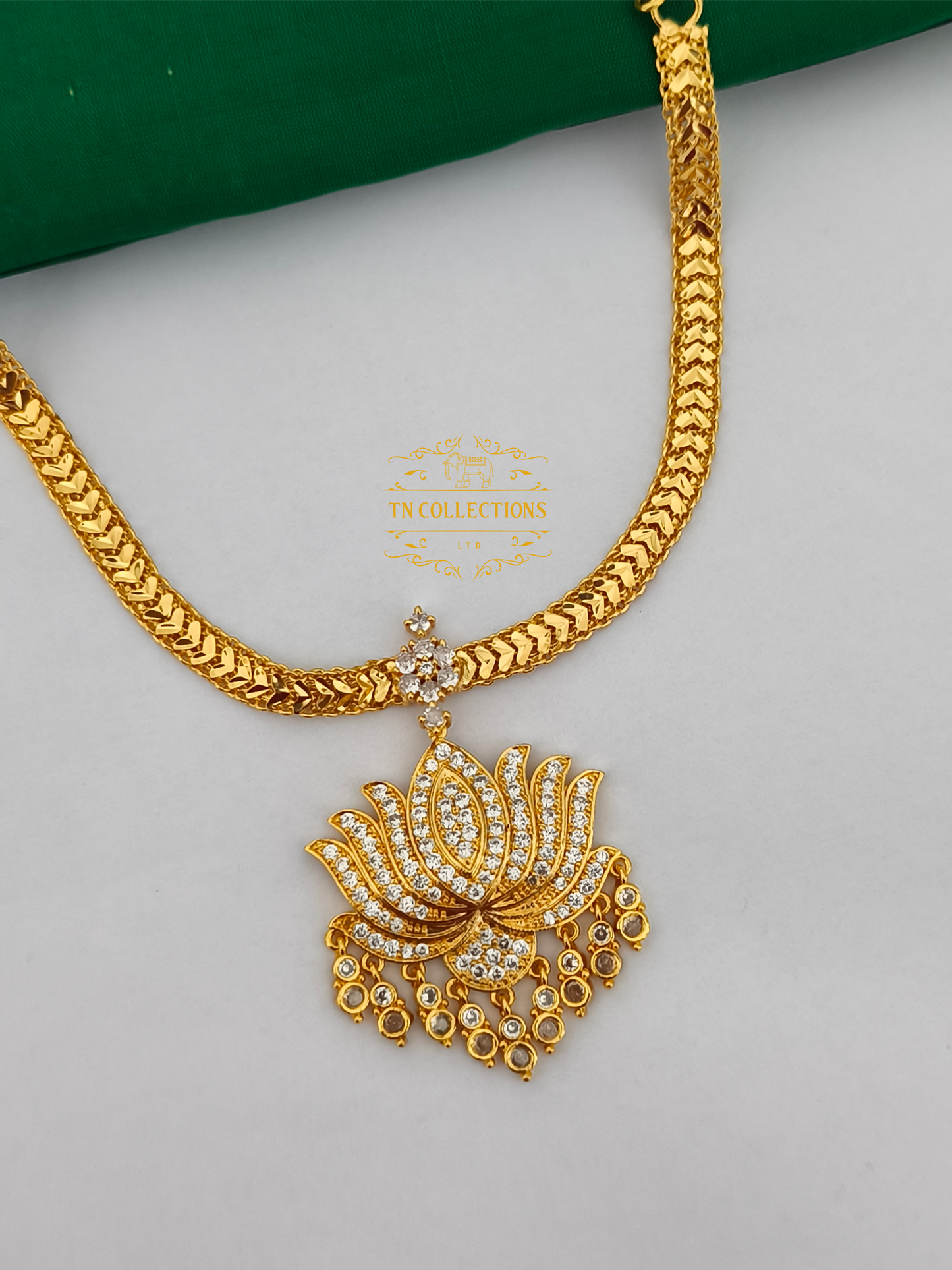 Micro Gold plated Lotus Necklace (Full White stones)