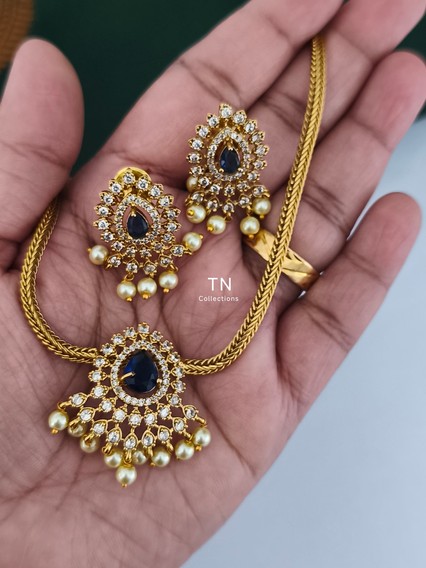 Antique Polish Simple Necklace set (Blue)