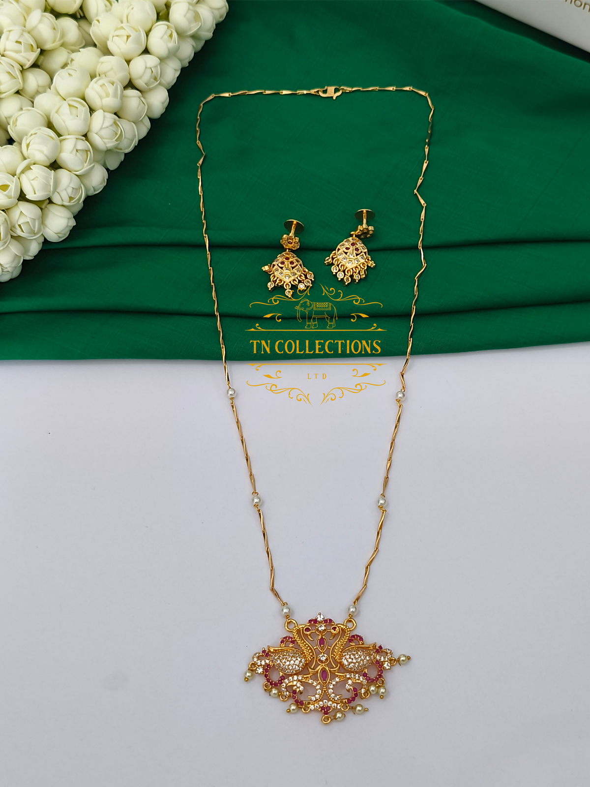 Micro Gold Finish cz stone Pearl Chain with Pendant Set