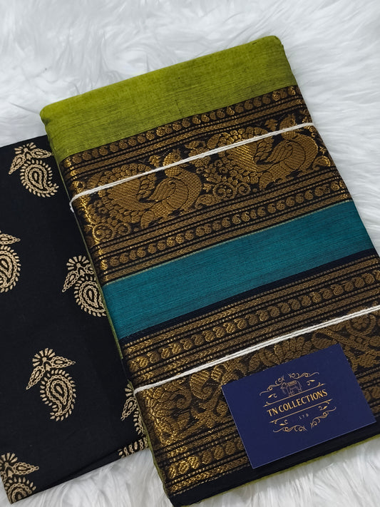 Green Pure Chettinad cotton saree with Kalamkarai blouse material