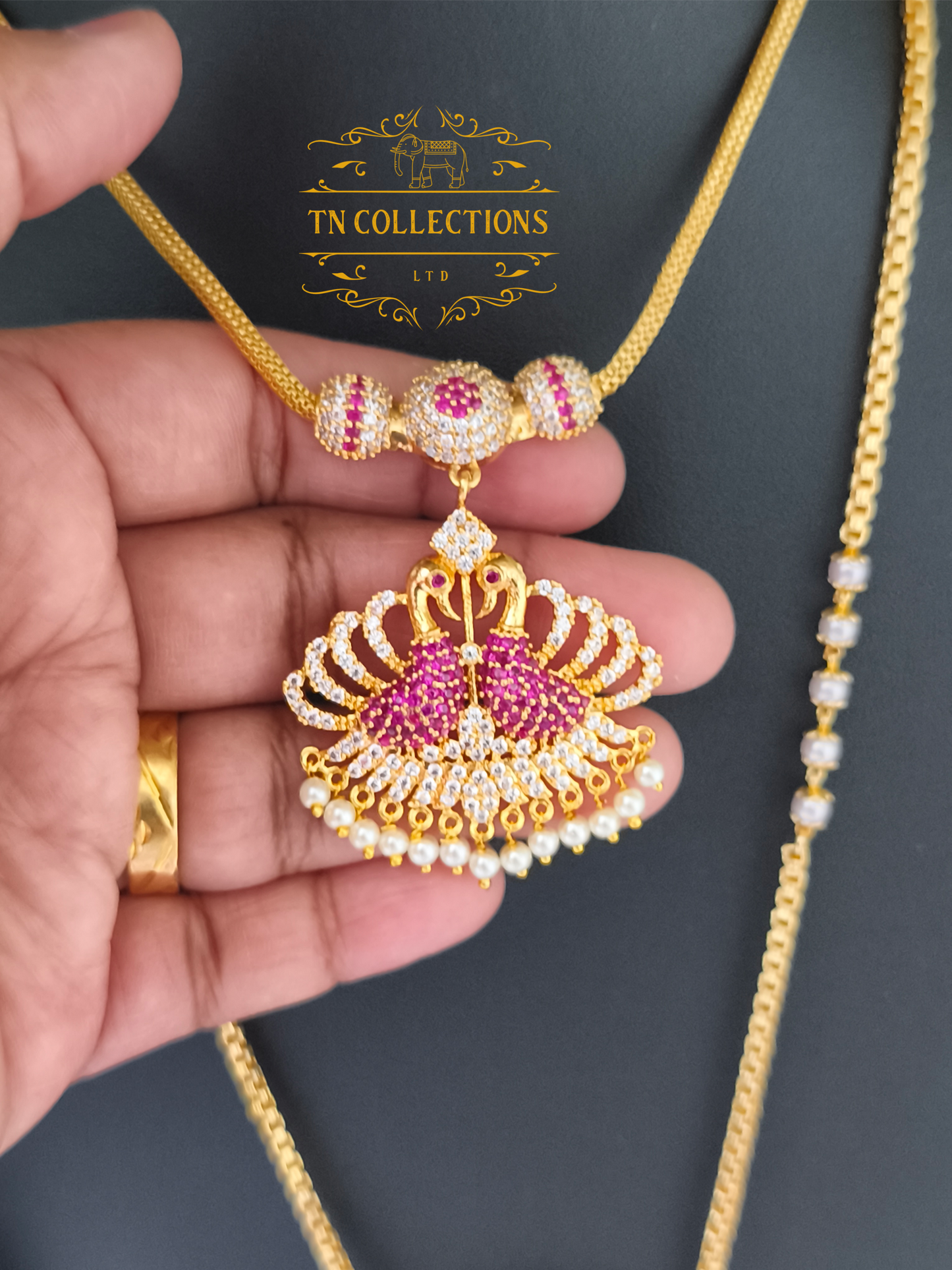 Micro Gold-Plated Traditional Peacock Design Attiyal Pathakkam Set (Ruby & White)