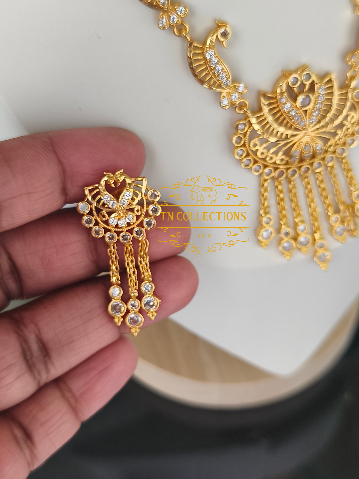 Micro Gold-Plated Traditional Peacock Design Necklace Set (Full White stones)