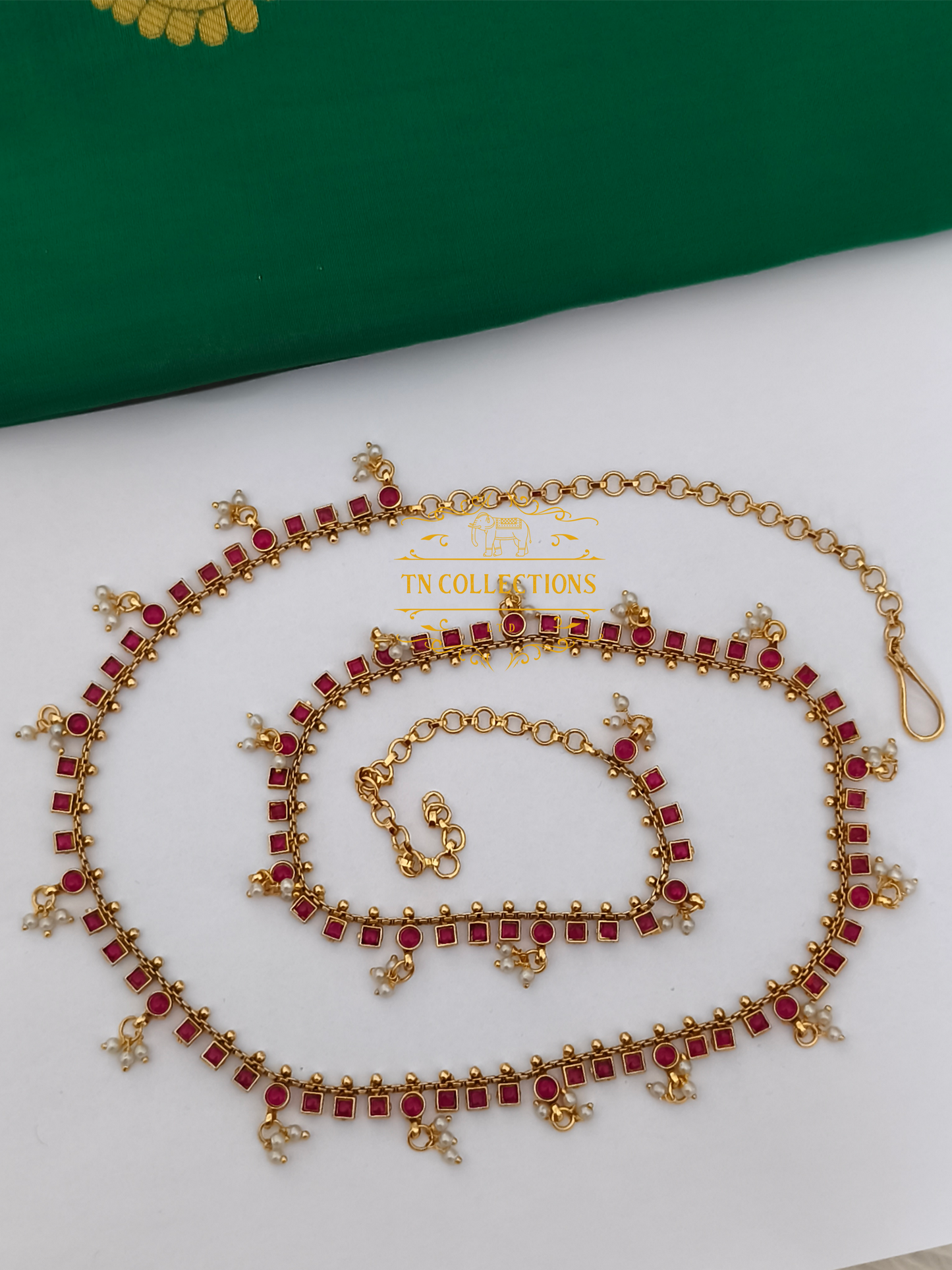 Kemp Stone Brass metal Hip Chain (Ruby Coloured Stone )