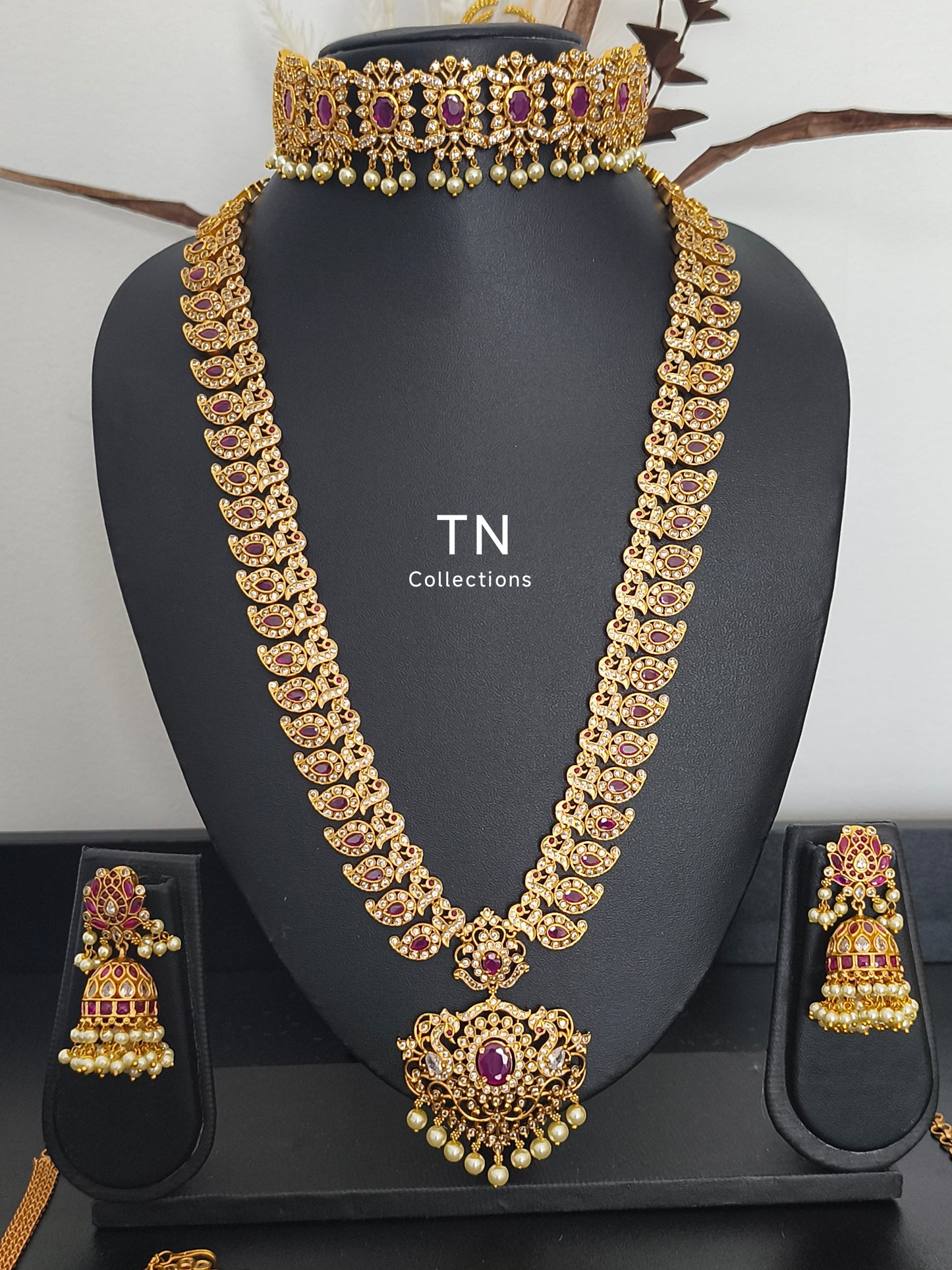 Matte gold Ruby & white Stone Semi Bridal Set/ wedding jewellery Set