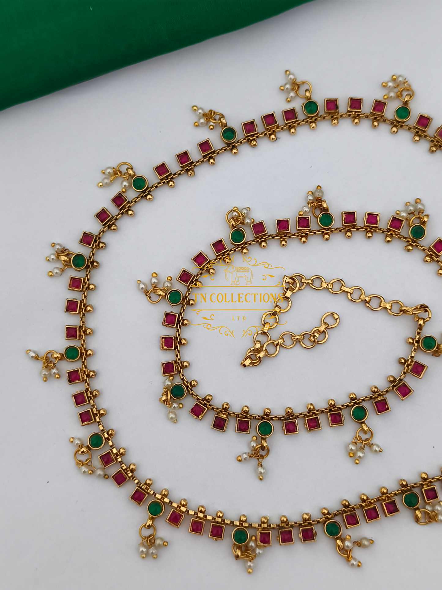 Kemp Stone Brass metal Hip Chain( Ruby & Green Stones)