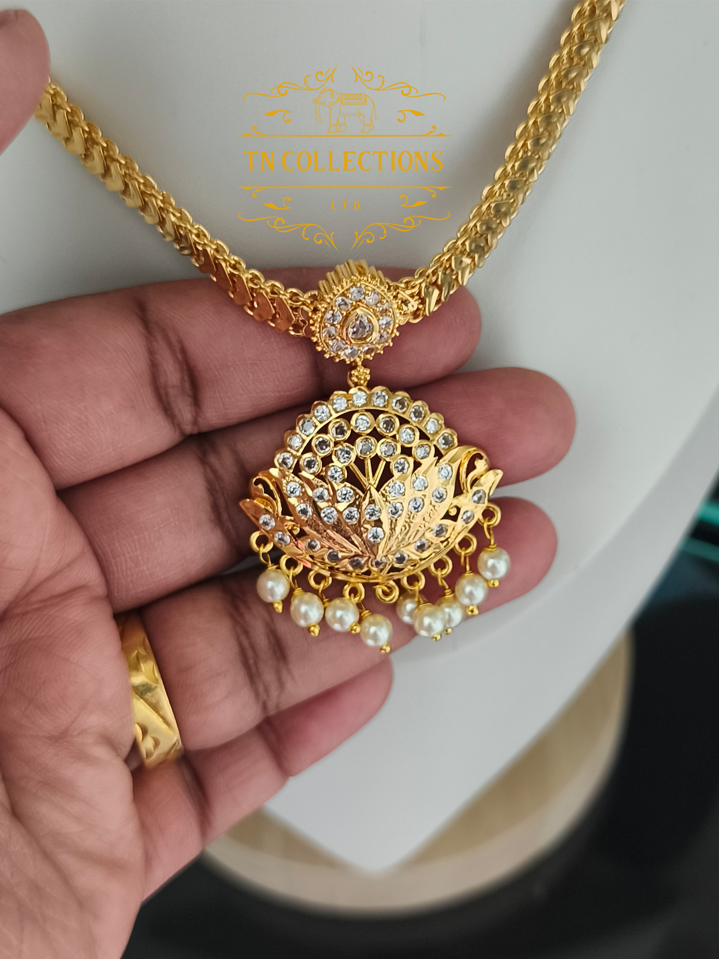 Micro Gold-Plated Traditional Alli Attiyal Necklace (Full white stones)