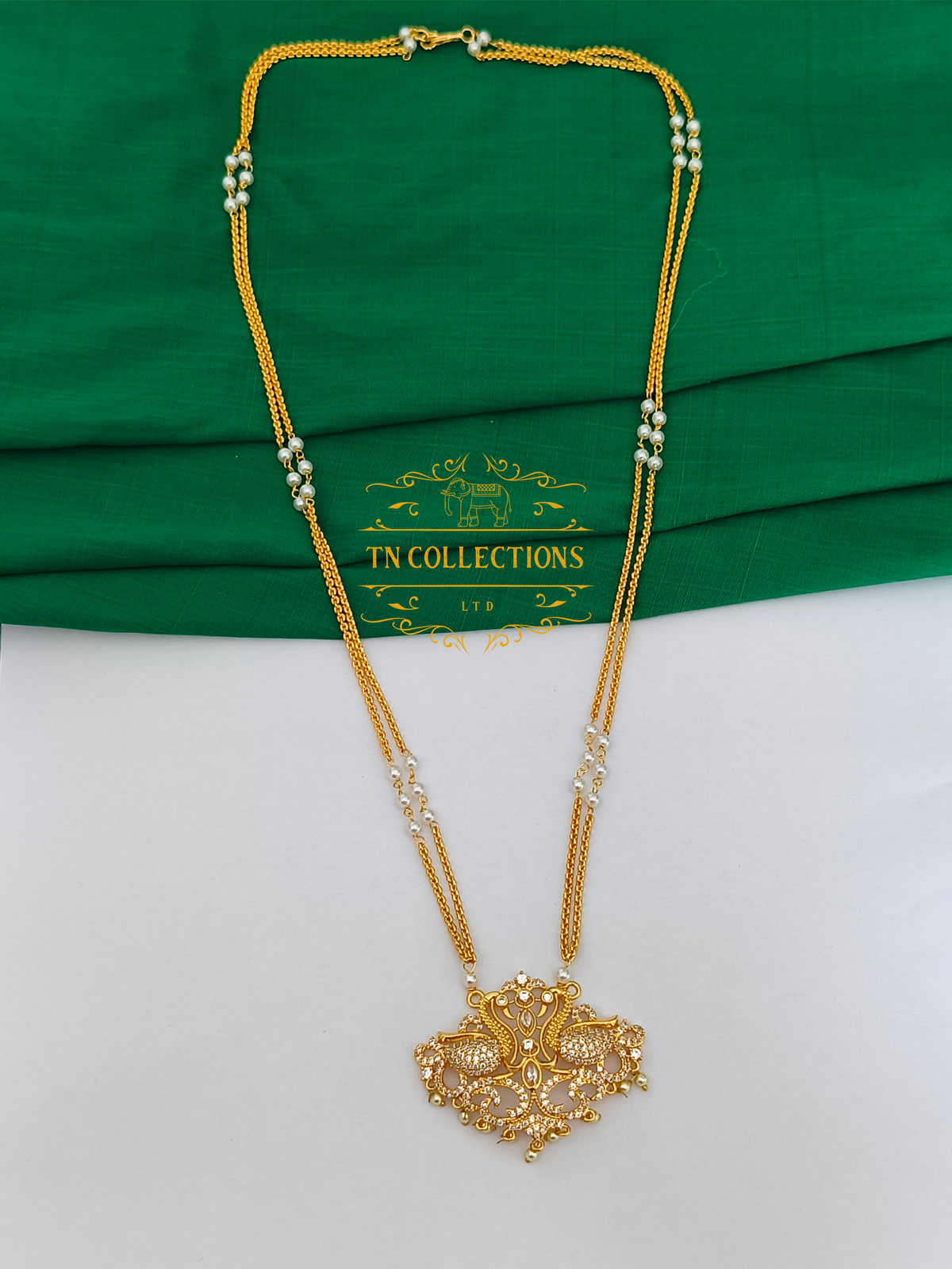 Micro Gold-Plated Traditional Pathakkam with double layer pearl chain (Full white stones)