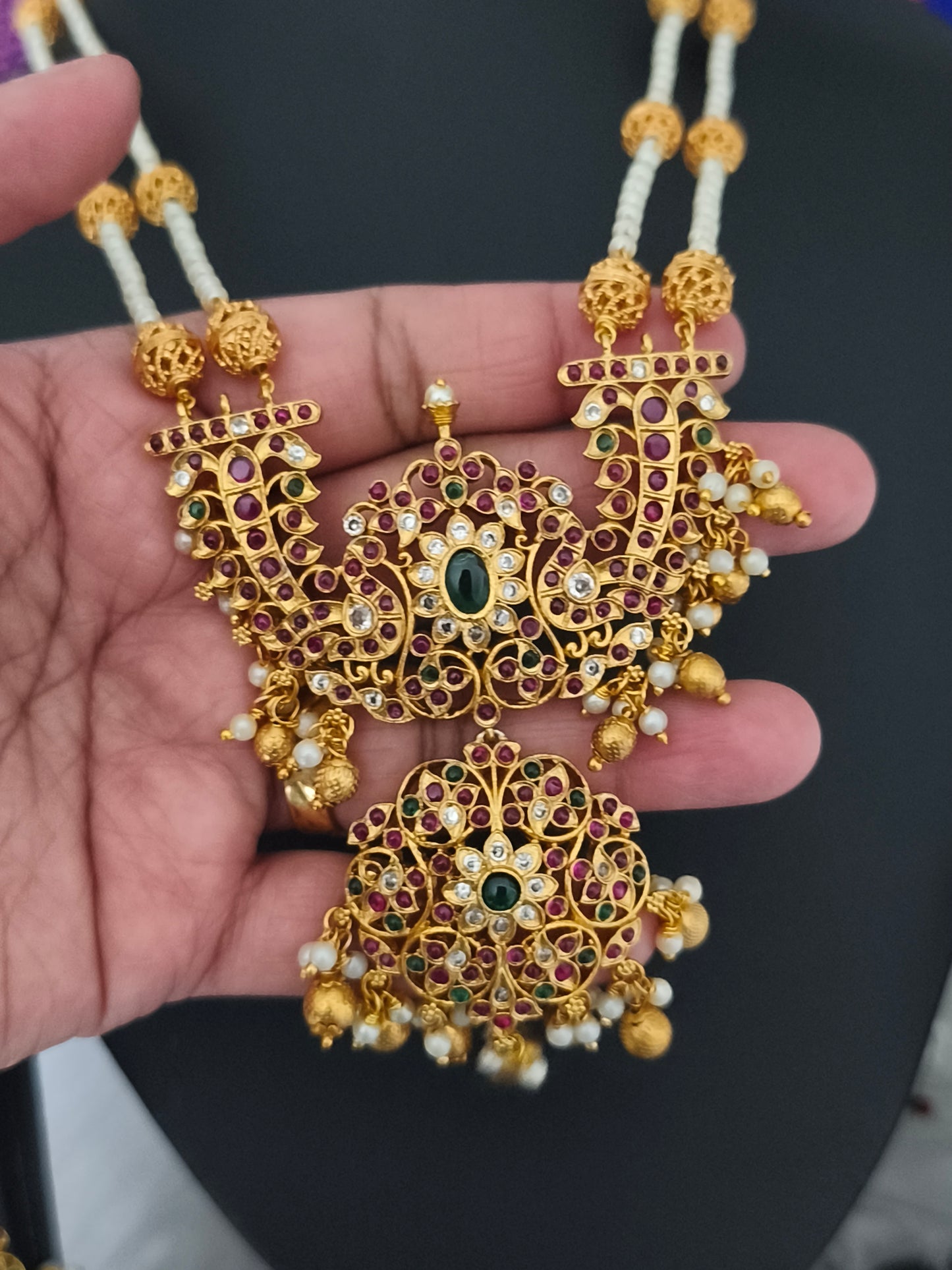Matte Finish Real kemp stone Pearl Haaram Set
