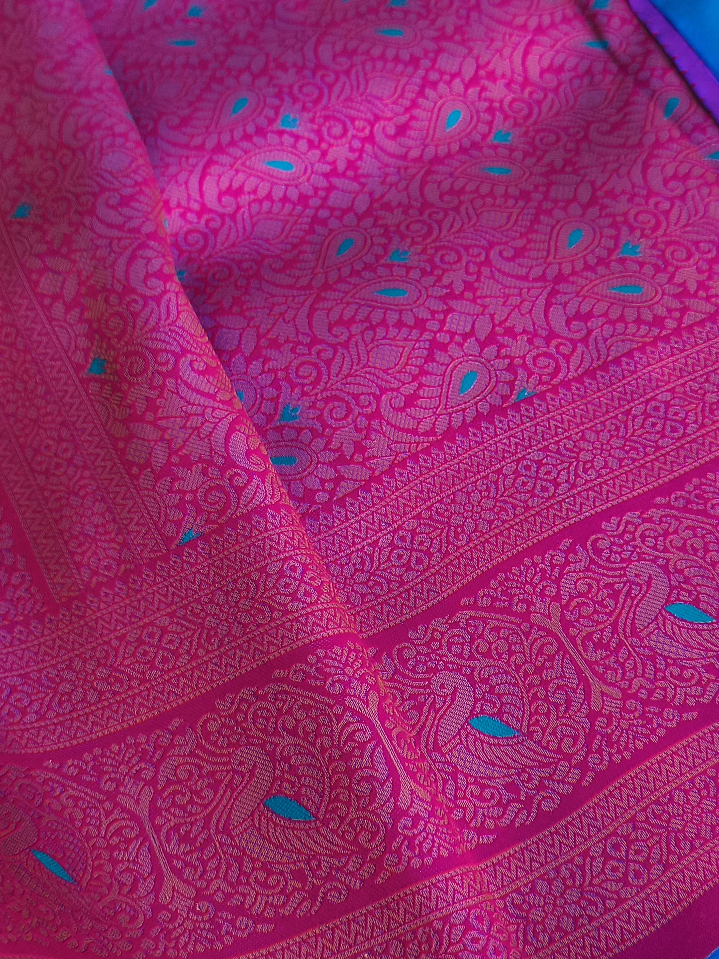 Peacock blue Kanchi Soft Silk Saree with contrast blouse and rich pallu