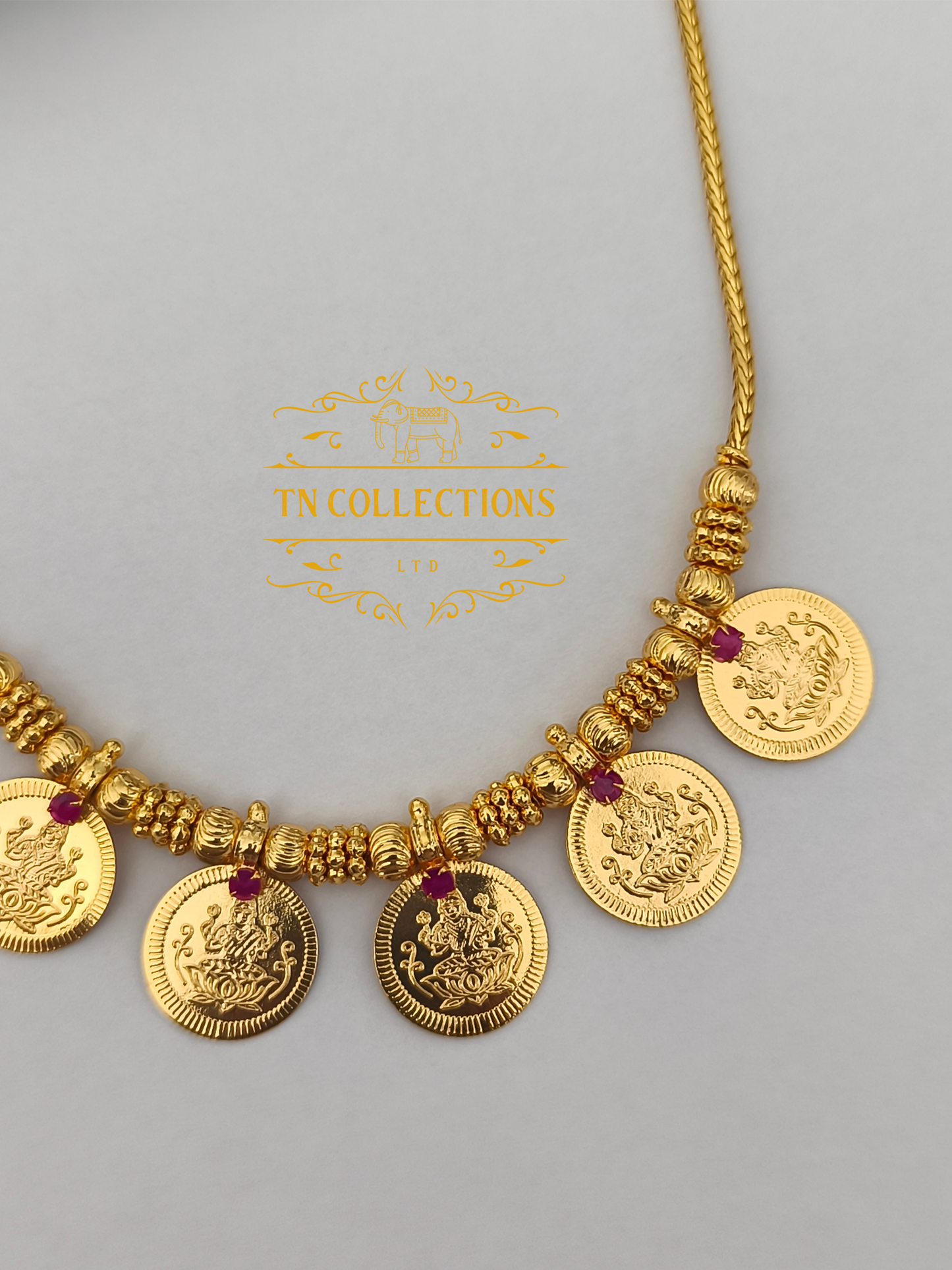 Micro Gold Finish Coin Necklace (Ruby stone)