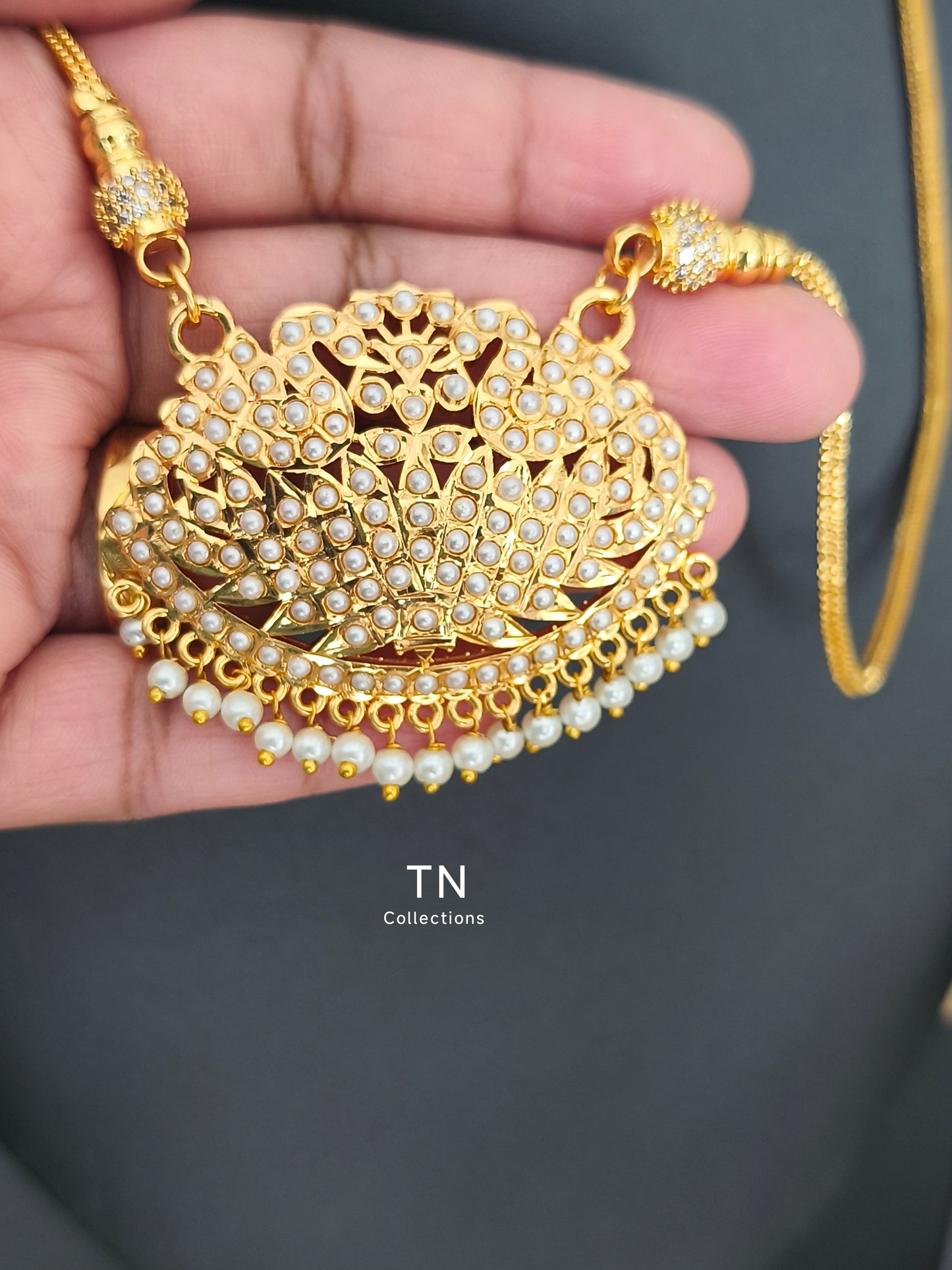 Micro gold plated Pearl Pathakkam with Chain (Full White)