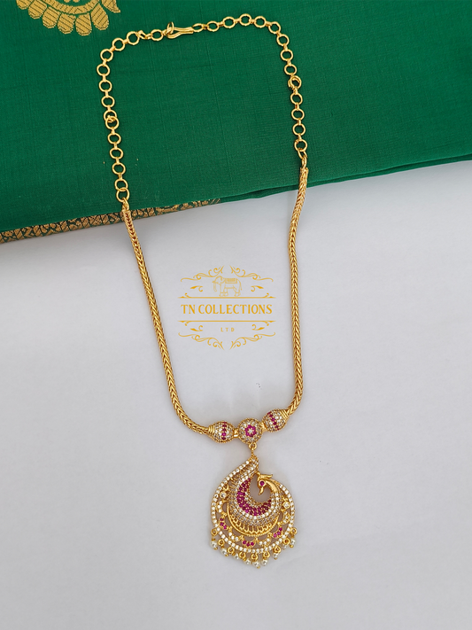 Micro Gold-Plated Traditional Peacock Attiyal (Ruby & white stones)