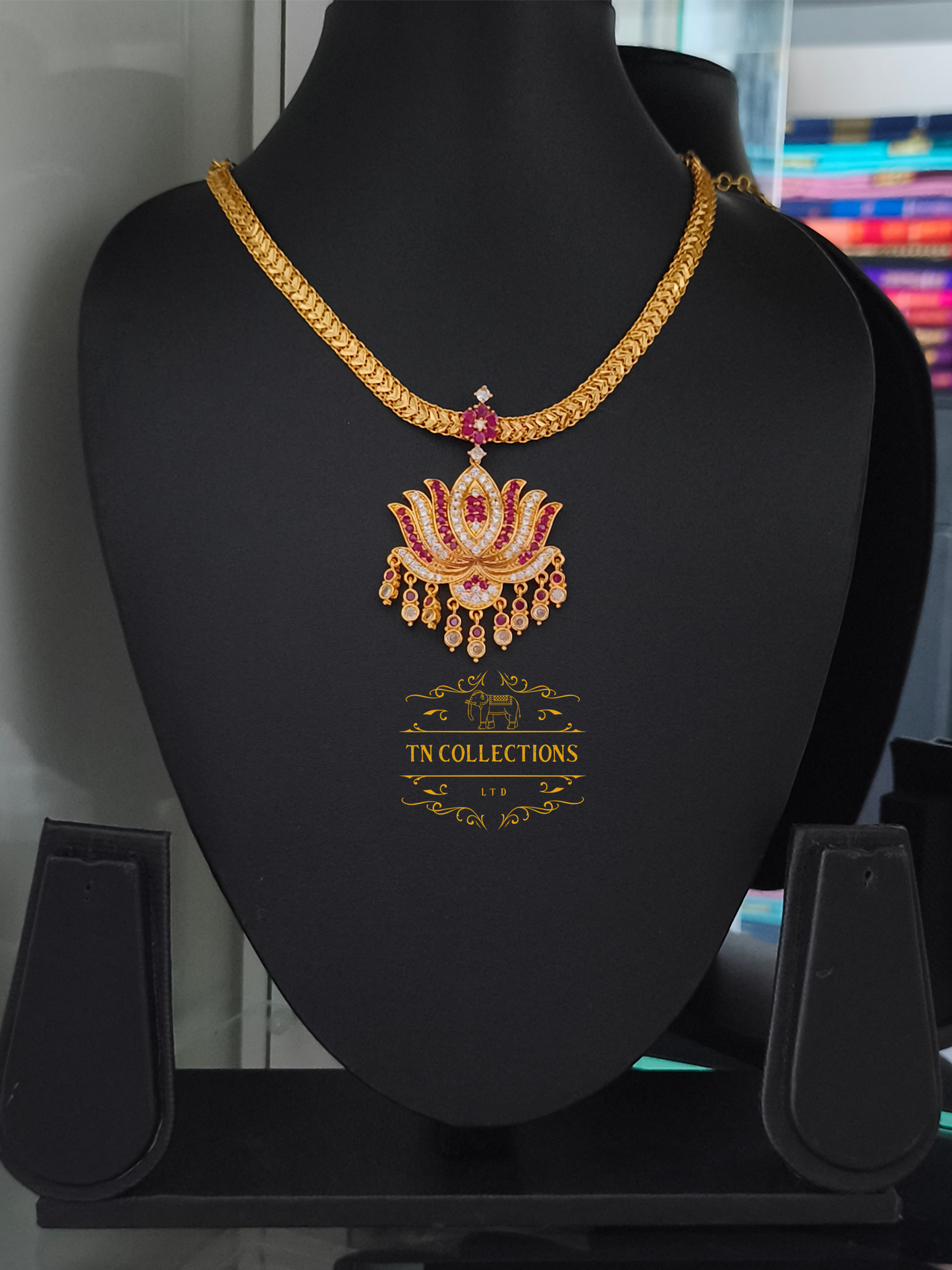 Micro Gold plated Lotus Necklace (Ruby & White stones)