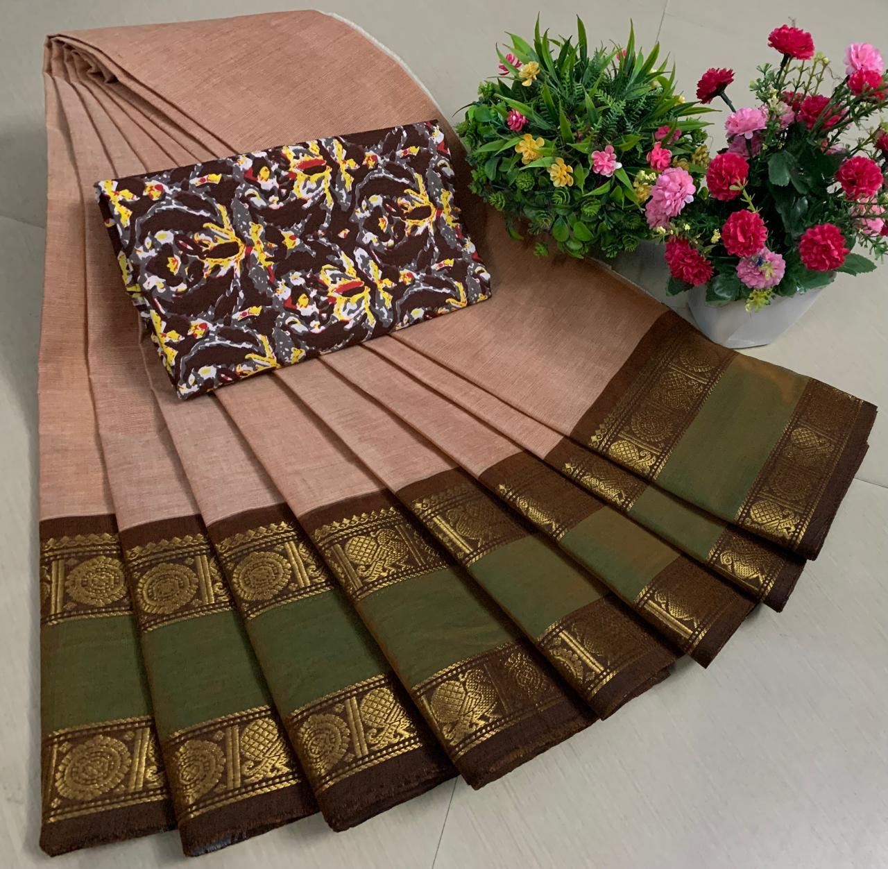 Pure Chettinad cotton saree with Kalamkarai blouse