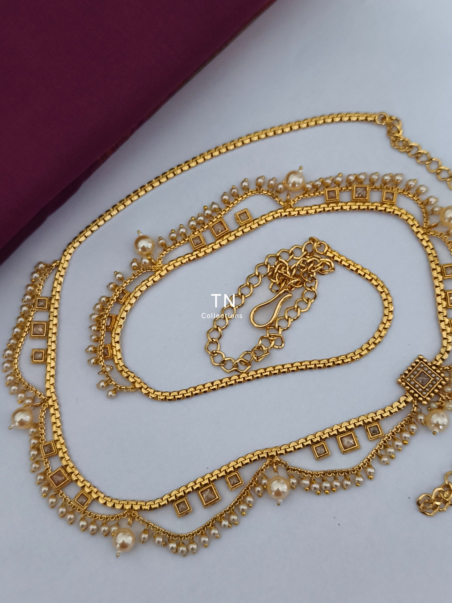 Antique Polish Hip Chain (Full white stones & pearls)