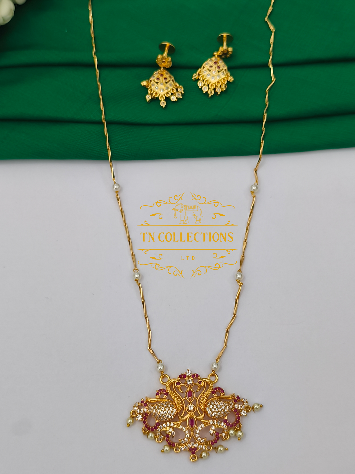 Micro Gold Finish cz stone Pearl Chain with Pendant Set