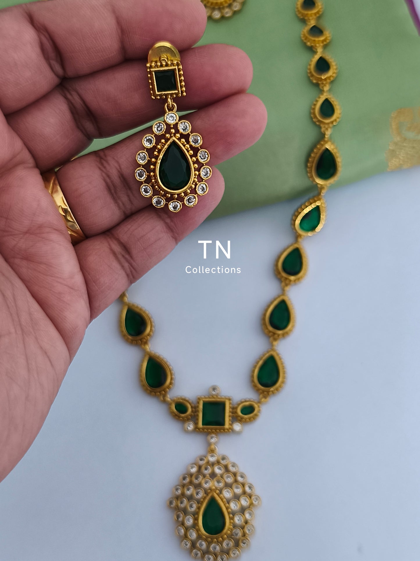 Premium Polish Green Long Haaram with earrings