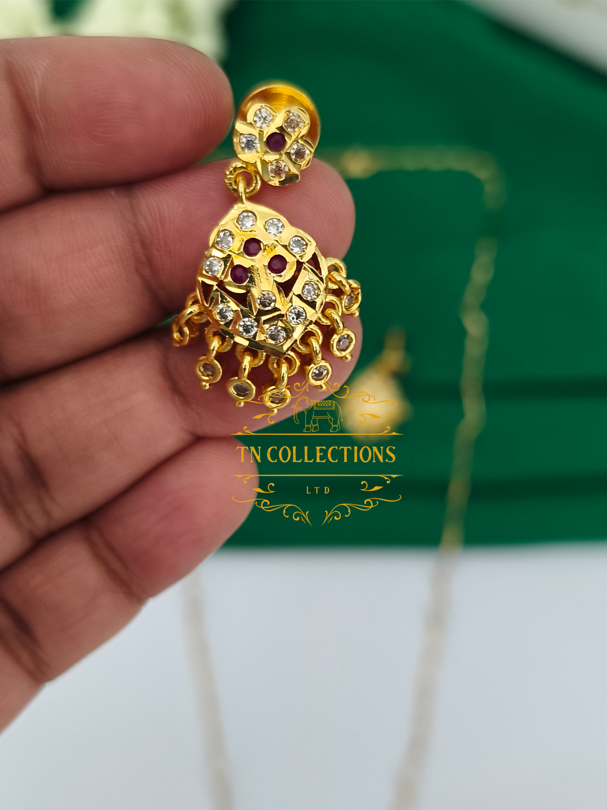 Micro Gold Finish cz stone Pearl Chain with Pendant Set