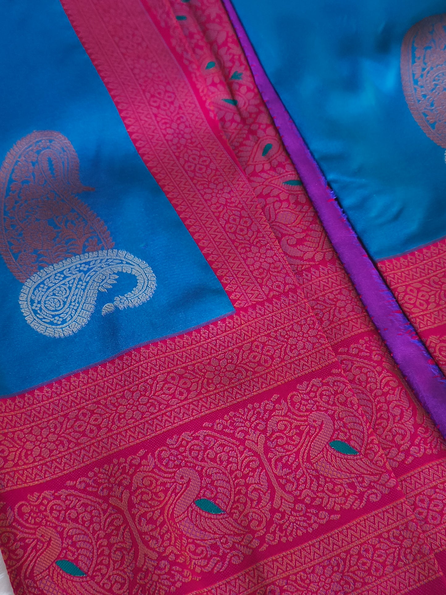 Peacock blue Kanchi Soft Silk Saree with contrast blouse and rich pallu