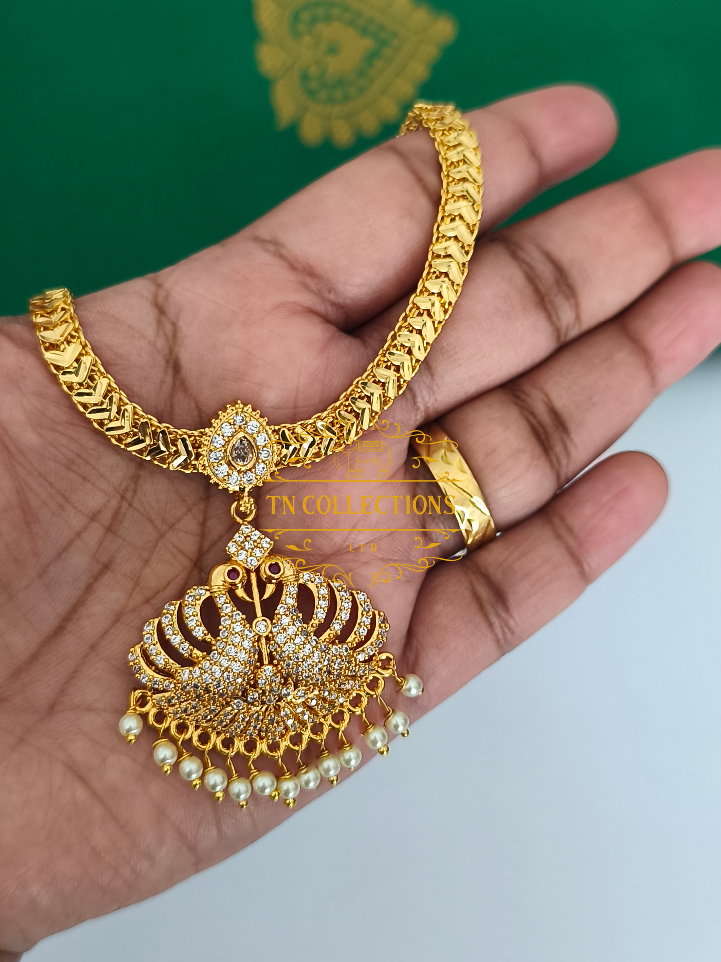 Micro Gold-Plated Traditional Peacock Design Attiyal Pathakkam Set (Full white stones)